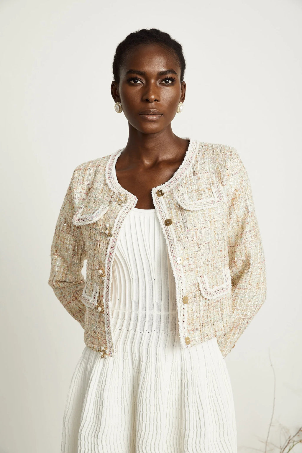 Marina Bouclé Tweed Jacket with Sequin Embellishment