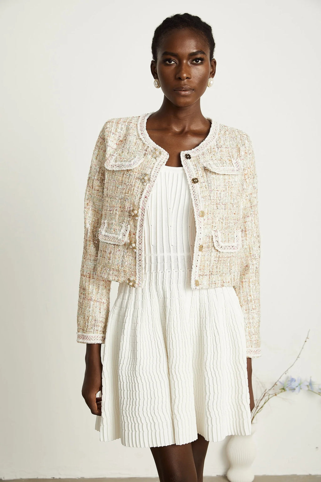 Marina Bouclé Tweed Jacket with Sequin Embellishment