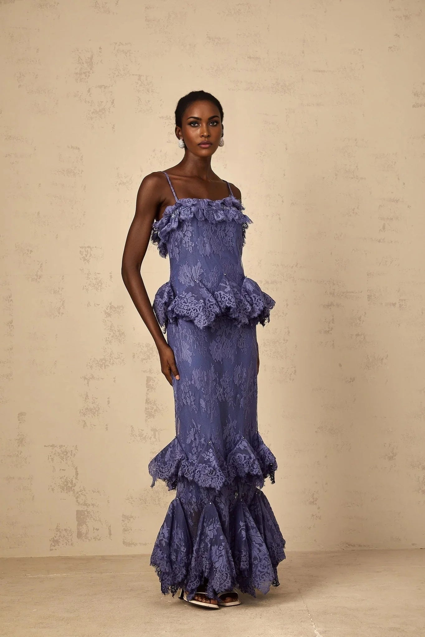 Marina Maxi Dress Purple Floral Lace Rhinestone Ruffle Bouquet