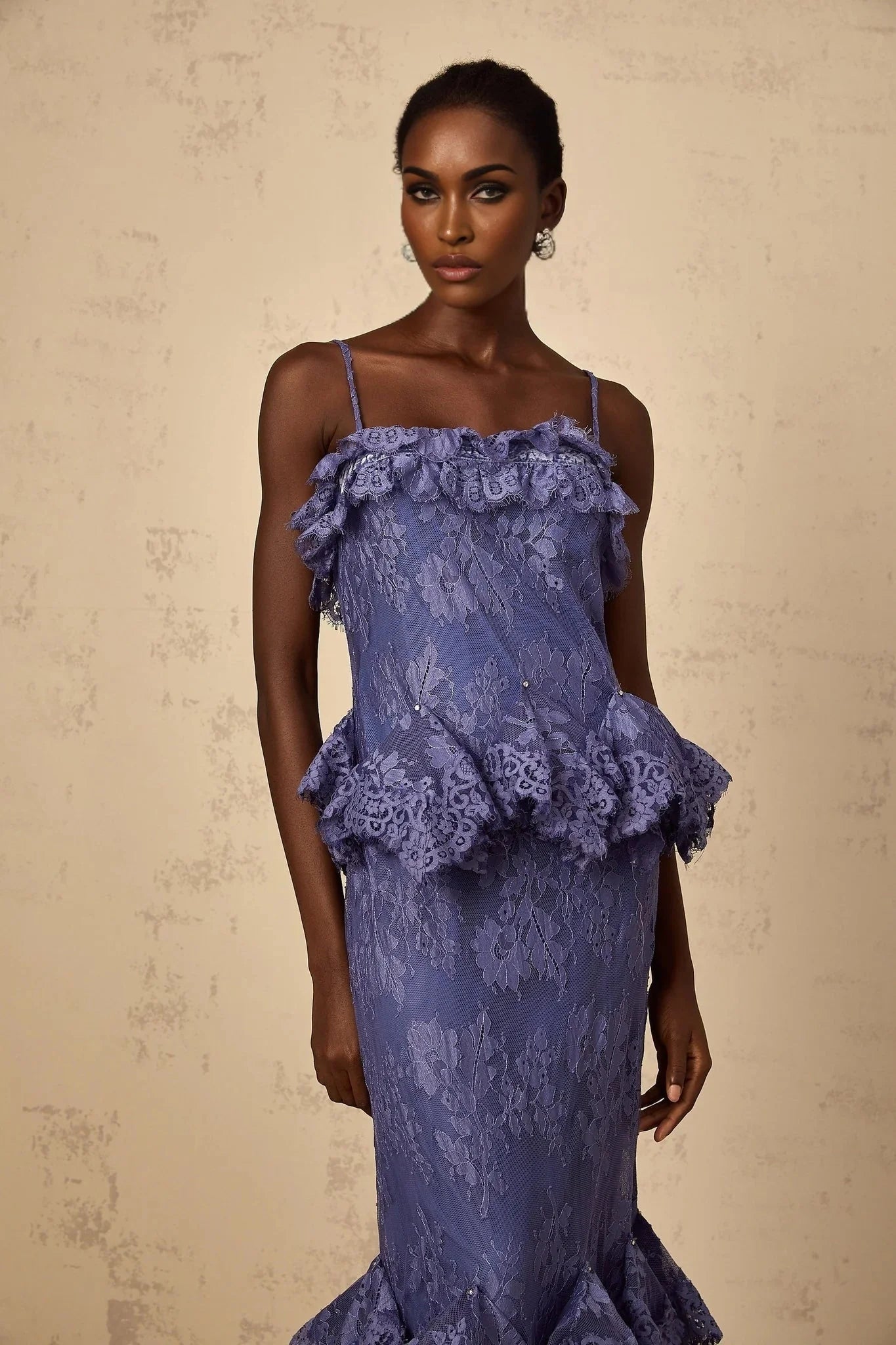 Marina Maxi Dress Purple Floral Lace Rhinestone Ruffle Bouquet