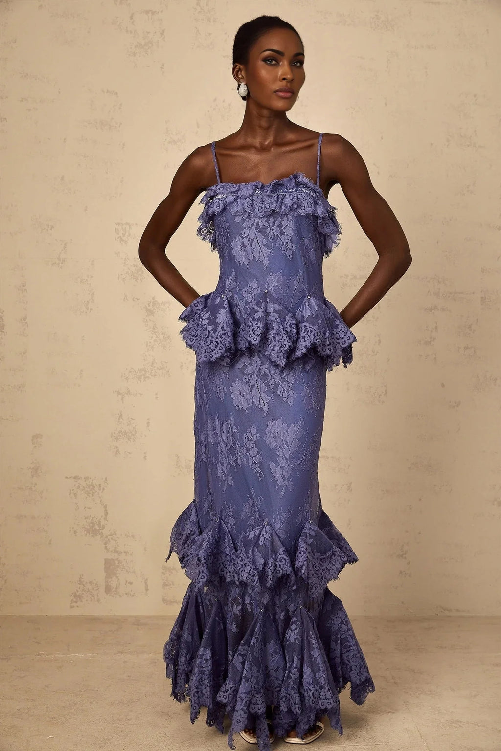 Marina Maxi Dress Purple Floral Lace Rhinestone Ruffle Bouquet