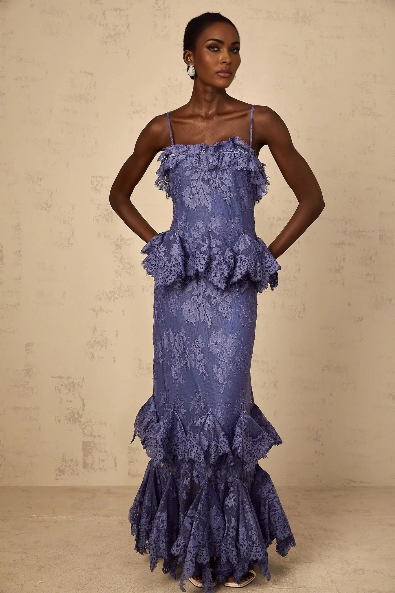 Marina Maxi Dress Purple Floral Lace Rhinestone Ruffle Bouquet