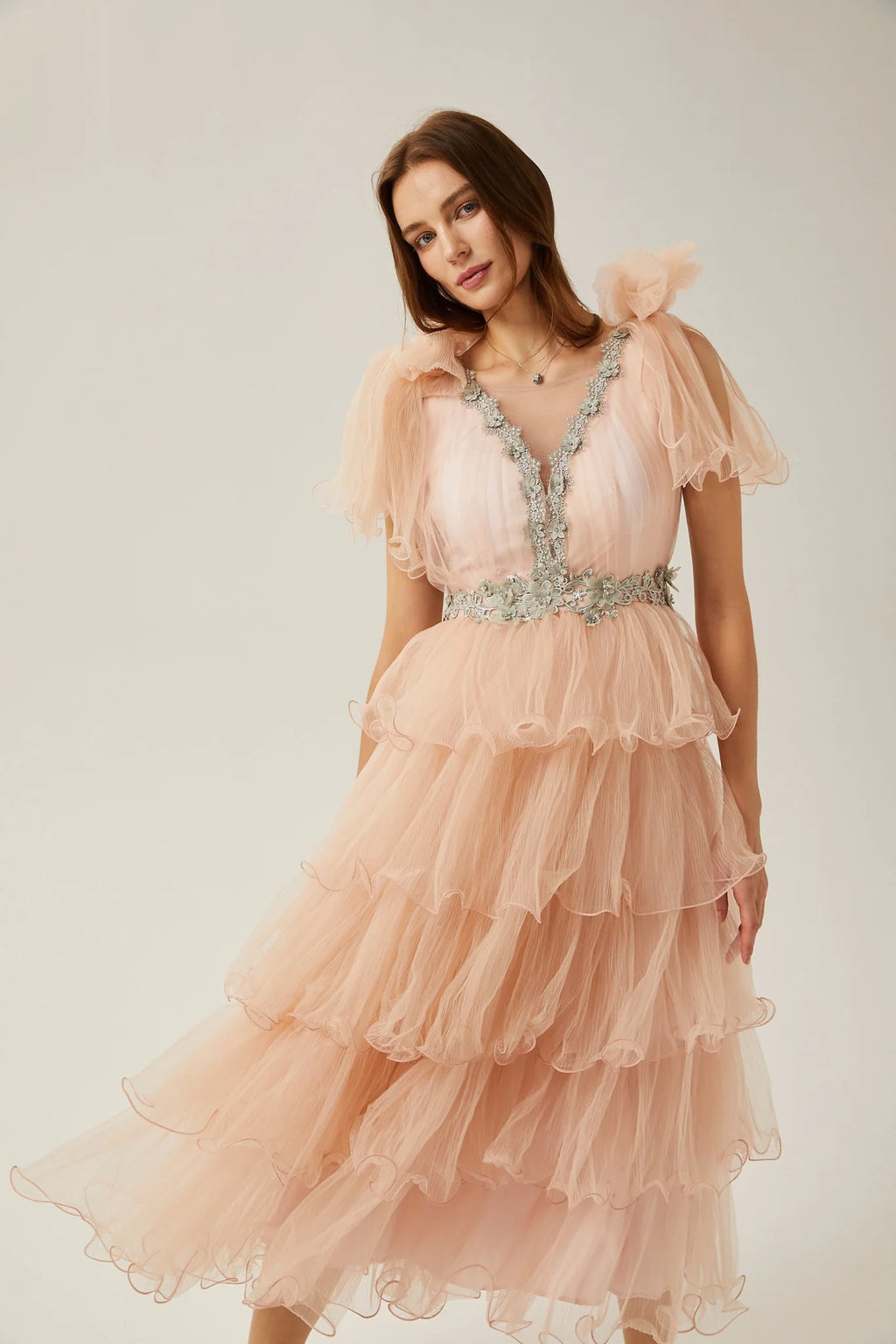 Marina Midi Dress Pink Crystal Embellished Tiered Ruffled
