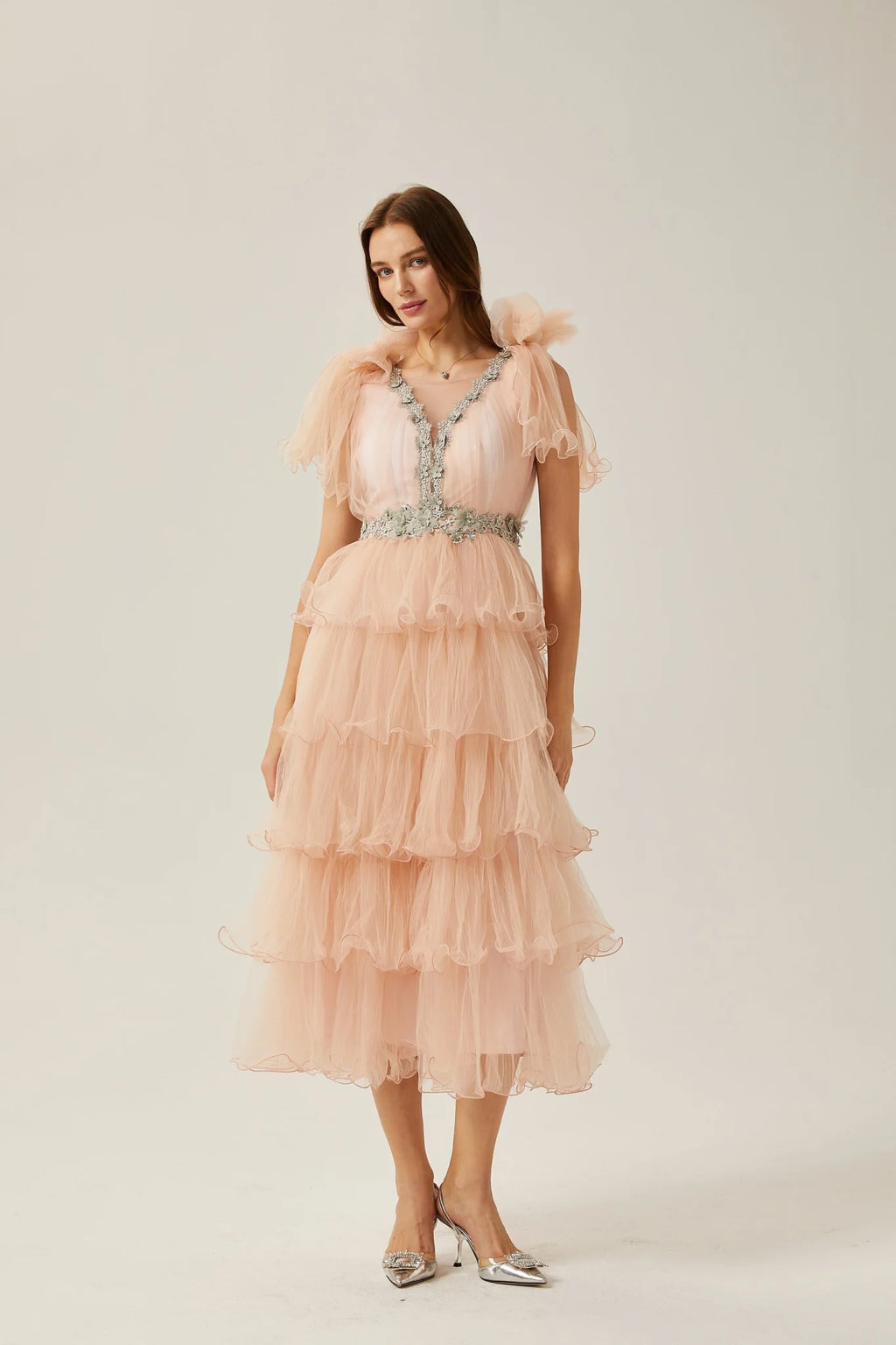 Marina Midi Dress Pink Crystal Embellished Tiered Ruffled