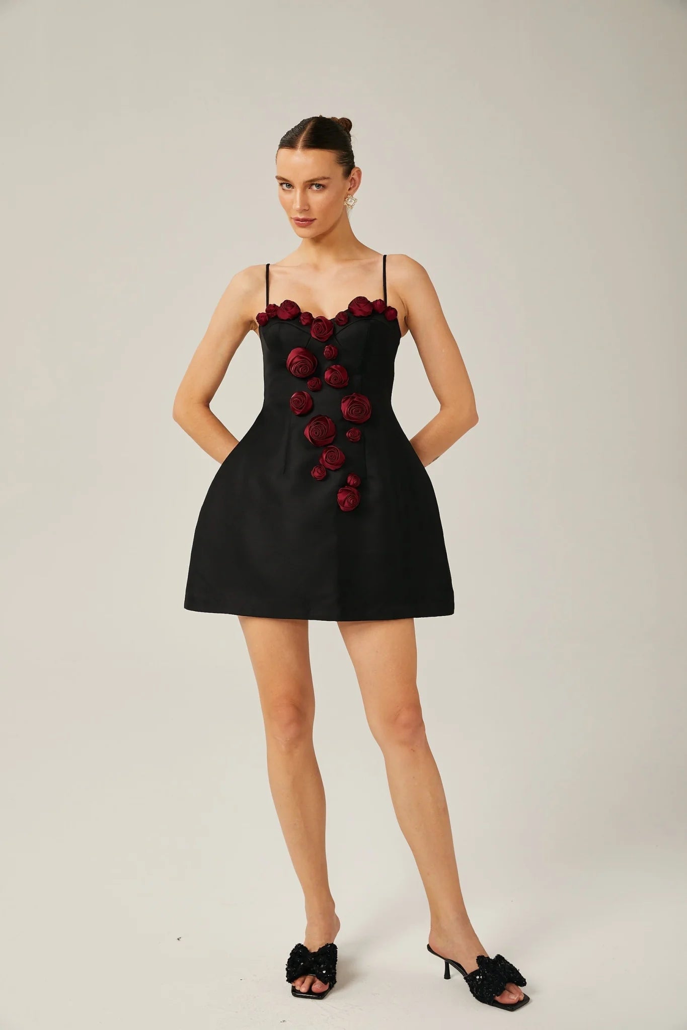 Marina Mini Dress Floral Applique Bustier Style Black