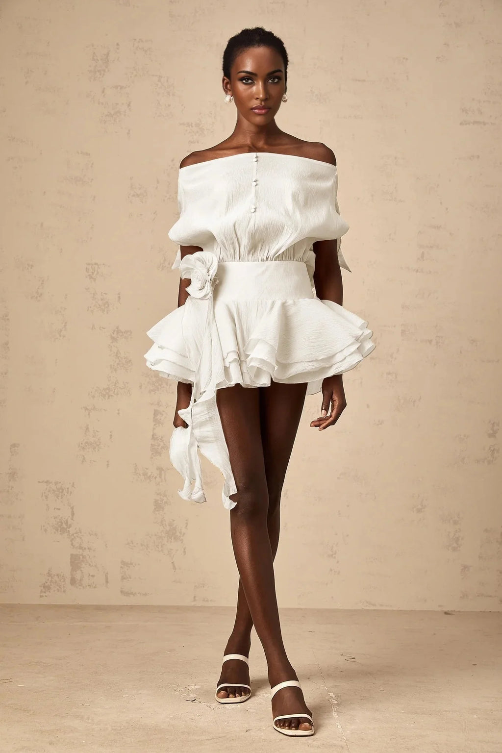 Marina Mini Dress White Floral Appliqu Off - shoulder Founce Tiered Skirt