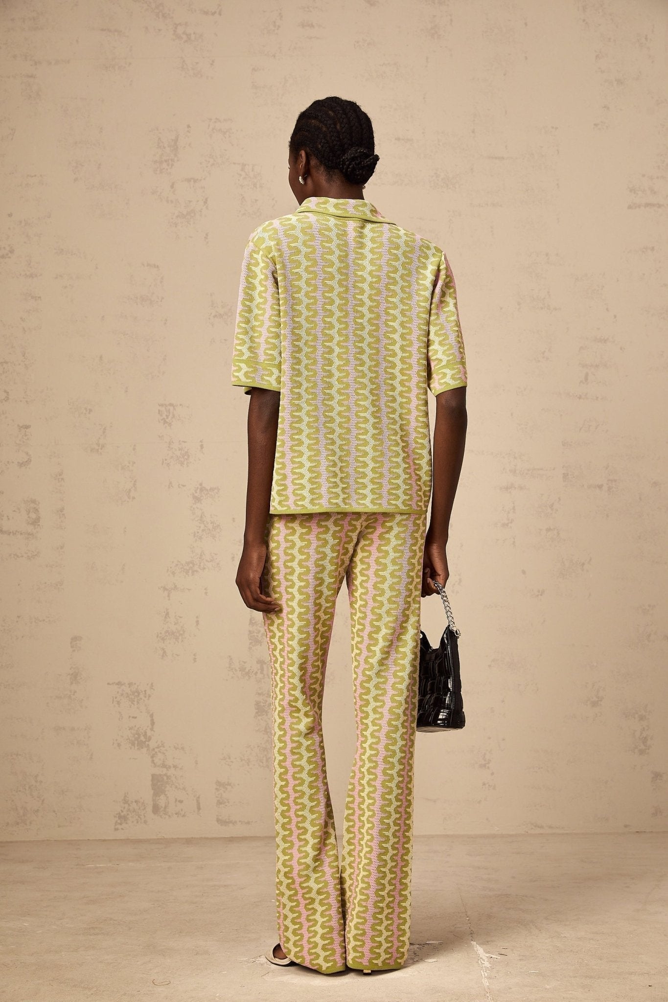 Marina Shirt & Trousers Green Pink Color Block Knit Set