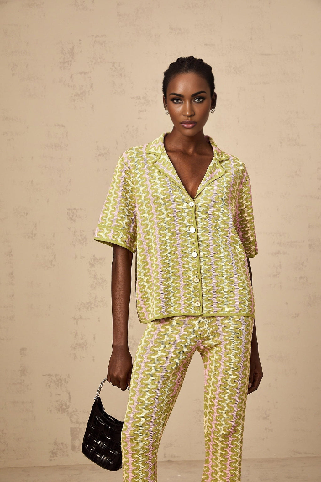 Marina Shirt & Trousers Green Pink Color Block Knit Set
