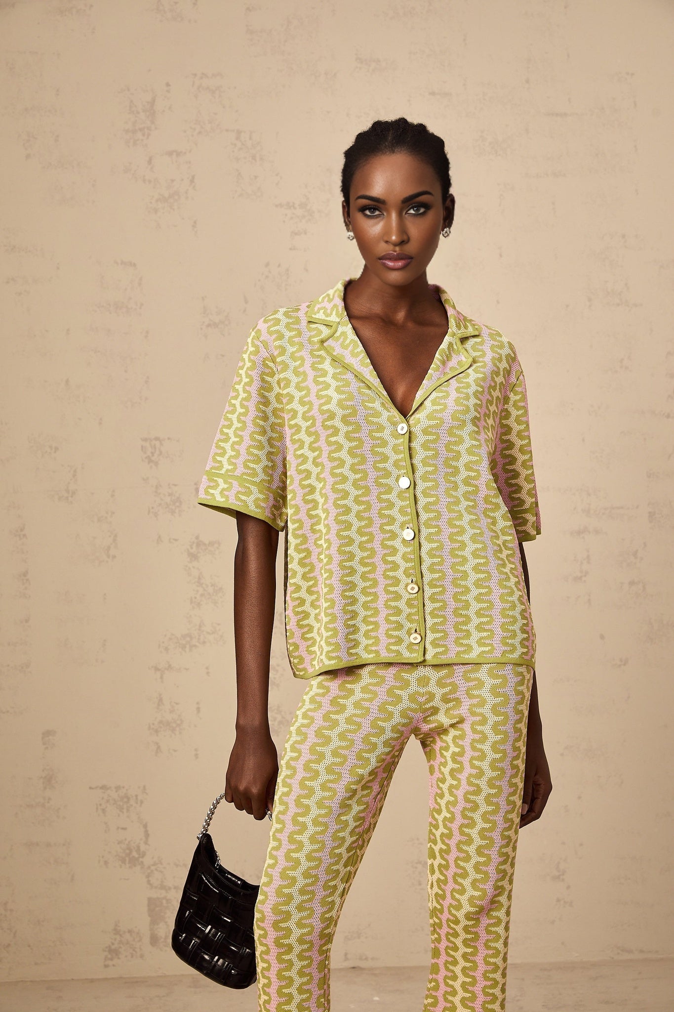 Marina Shirt & Trousers Green Pink Color Block Knit Set