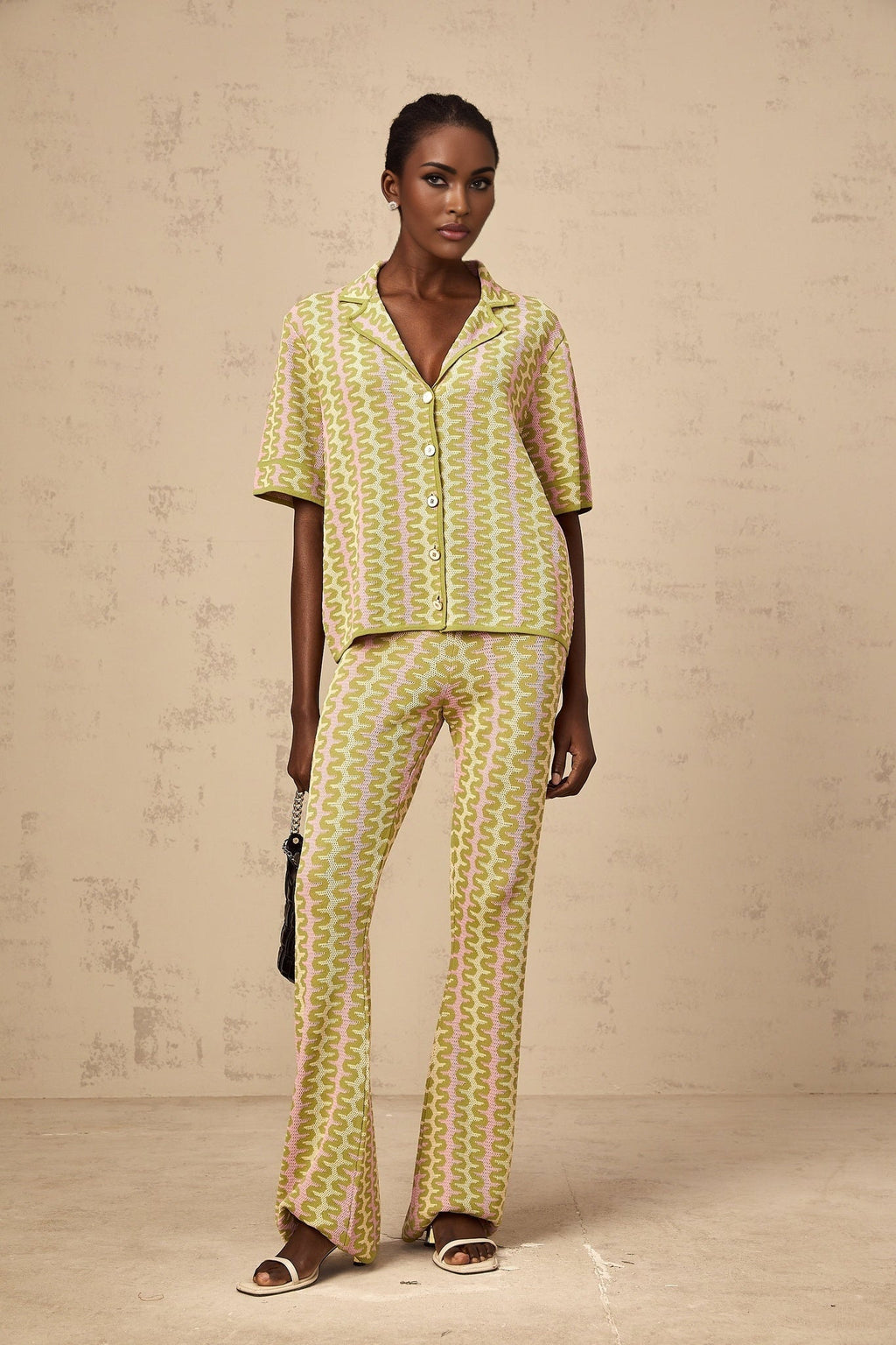 Marina Shirt & Trousers Green Pink Color Block Knit Set