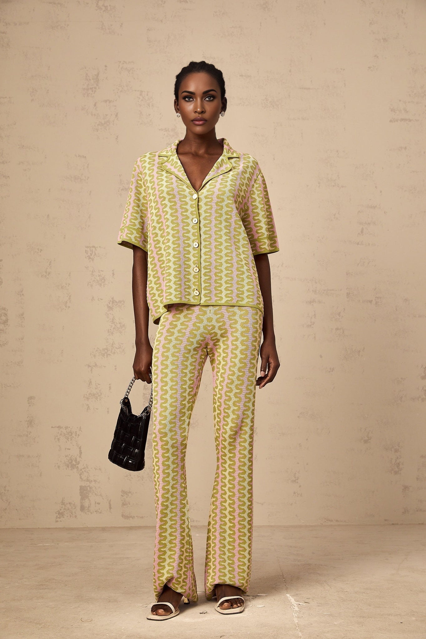 Marina Shirt & Trousers Green Pink Color Block Knit Set