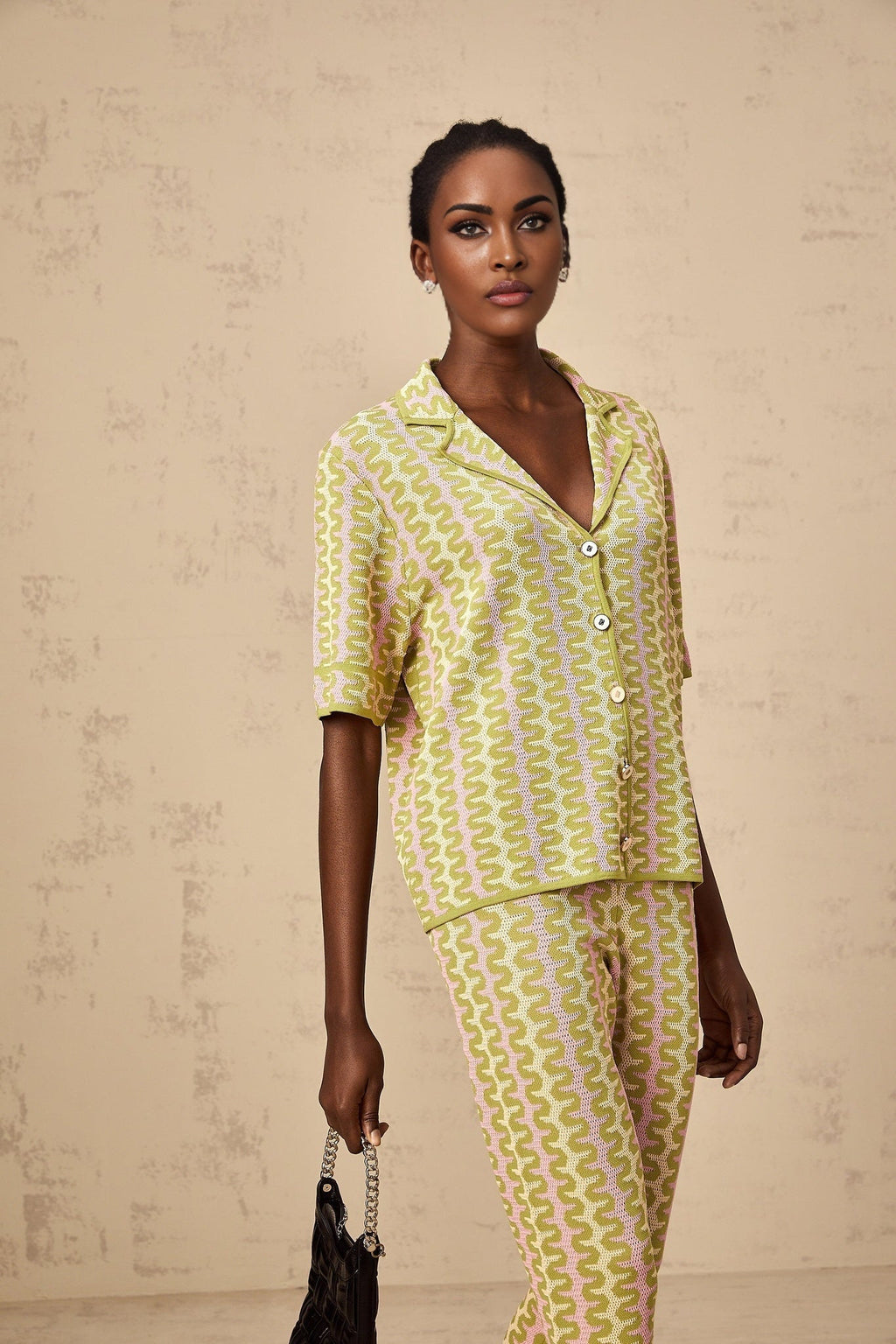 Marina Shirt & Trousers Green Pink Color Block Knit Set