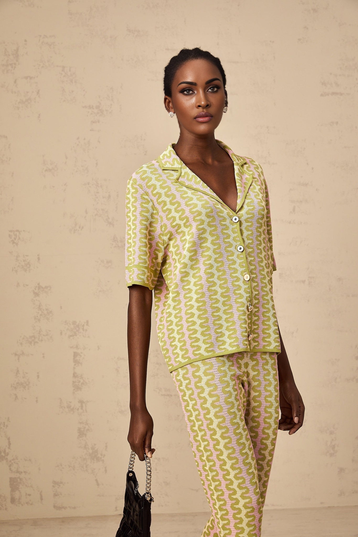 Marina Shirt & Trousers Green Pink Color Block Knit Set