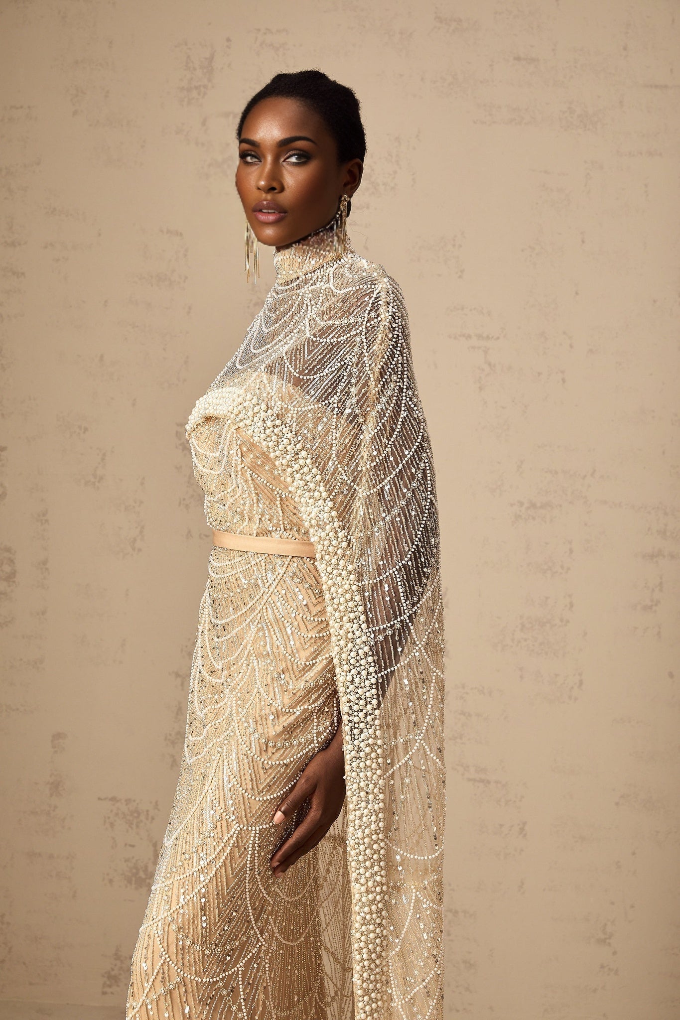 Mariolina Cape & Gown Champagne Beaded Sequin Train Floor Length