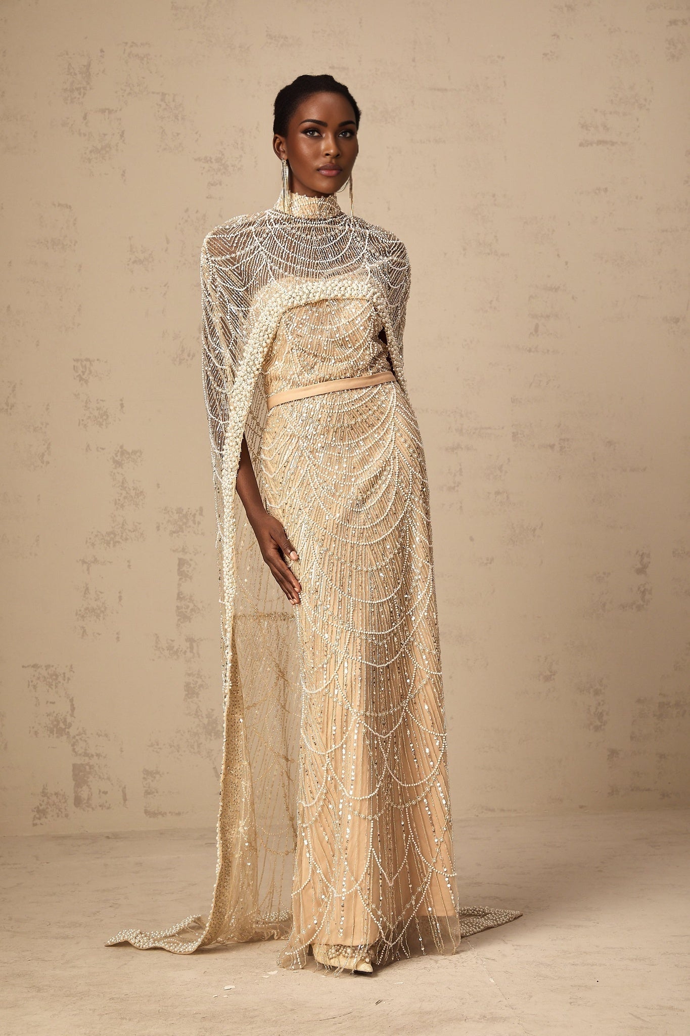 Mariolina Cape & Gown Champagne Beaded Sequin Train Floor Length