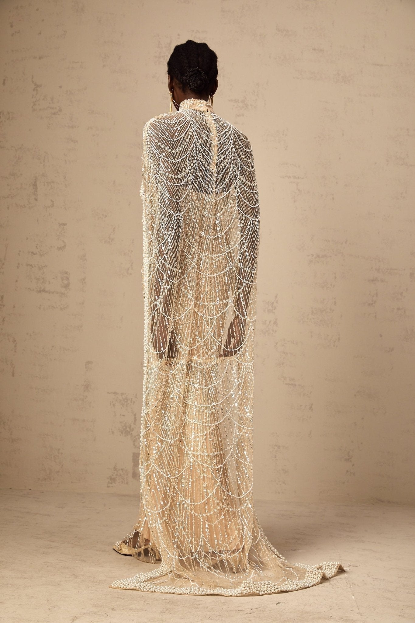 Mariolina Cape & Gown Champagne Beaded Sequin Train Floor Length