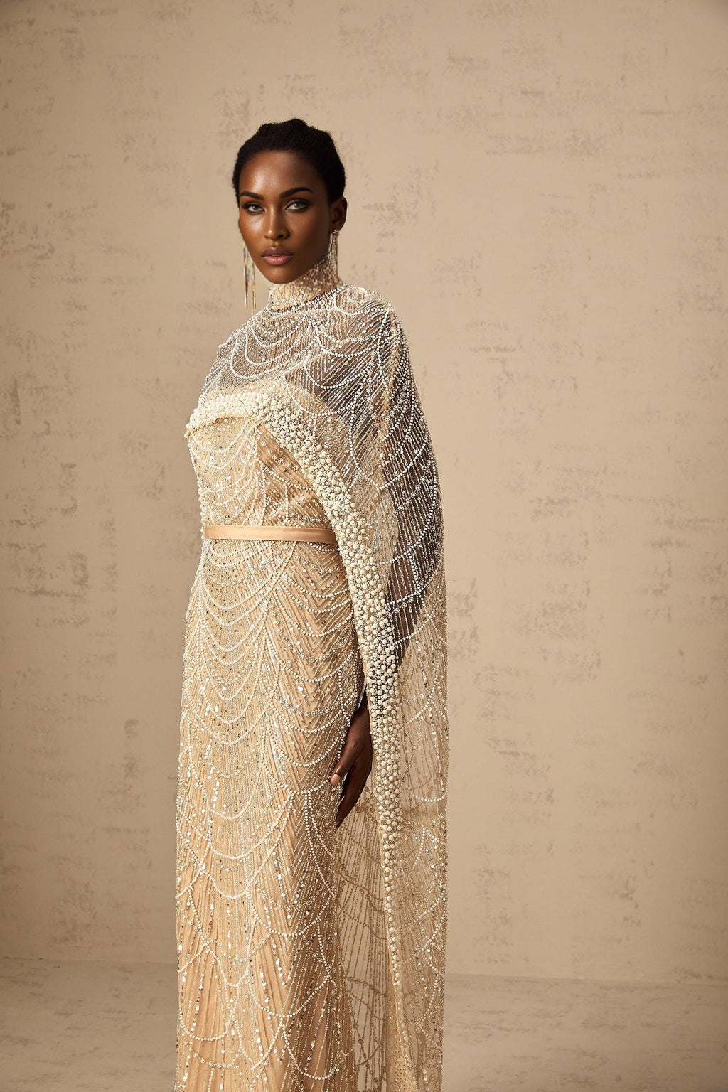 Mariolina Cape & Gown Champagne Beaded Sequin Train Floor Length