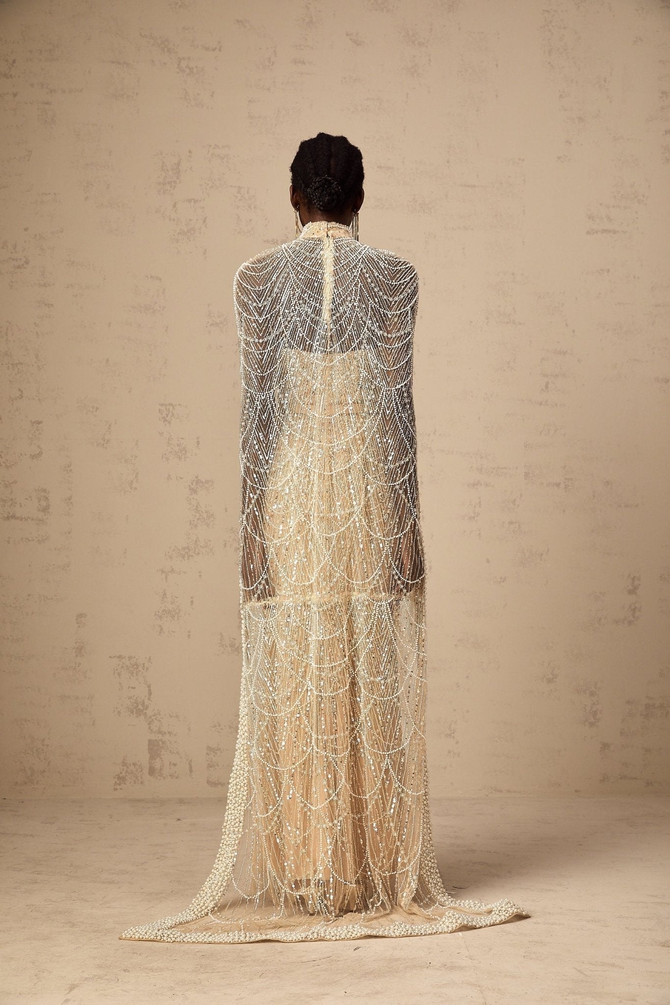 Mariolina Cape & Gown Champagne Beaded Sequin Train Floor Length