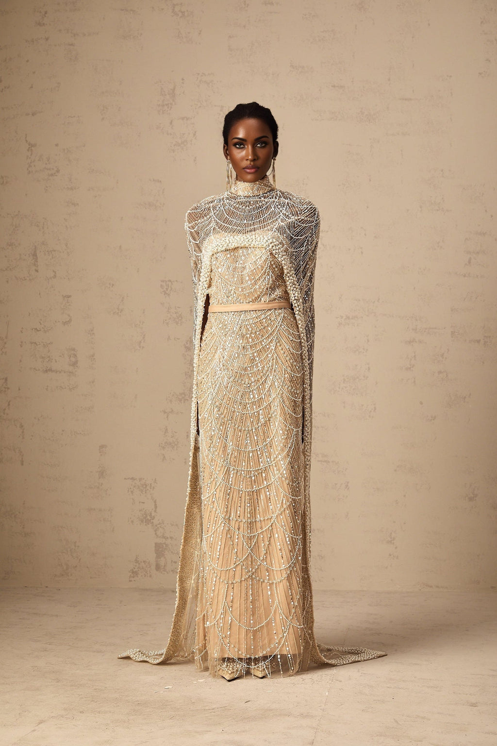 Mariolina Cape & Gown Champagne Beaded Sequin Train Floor Length