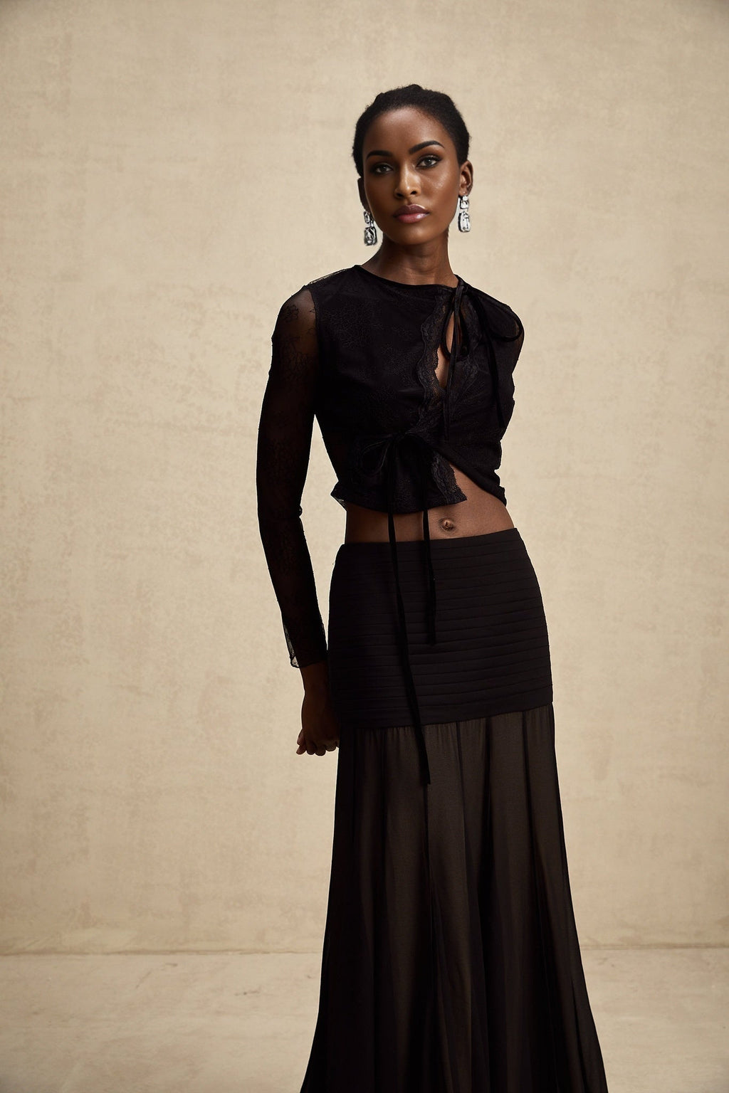 Mariolina Cropped Top Black Lace Trim Sheer Embossed