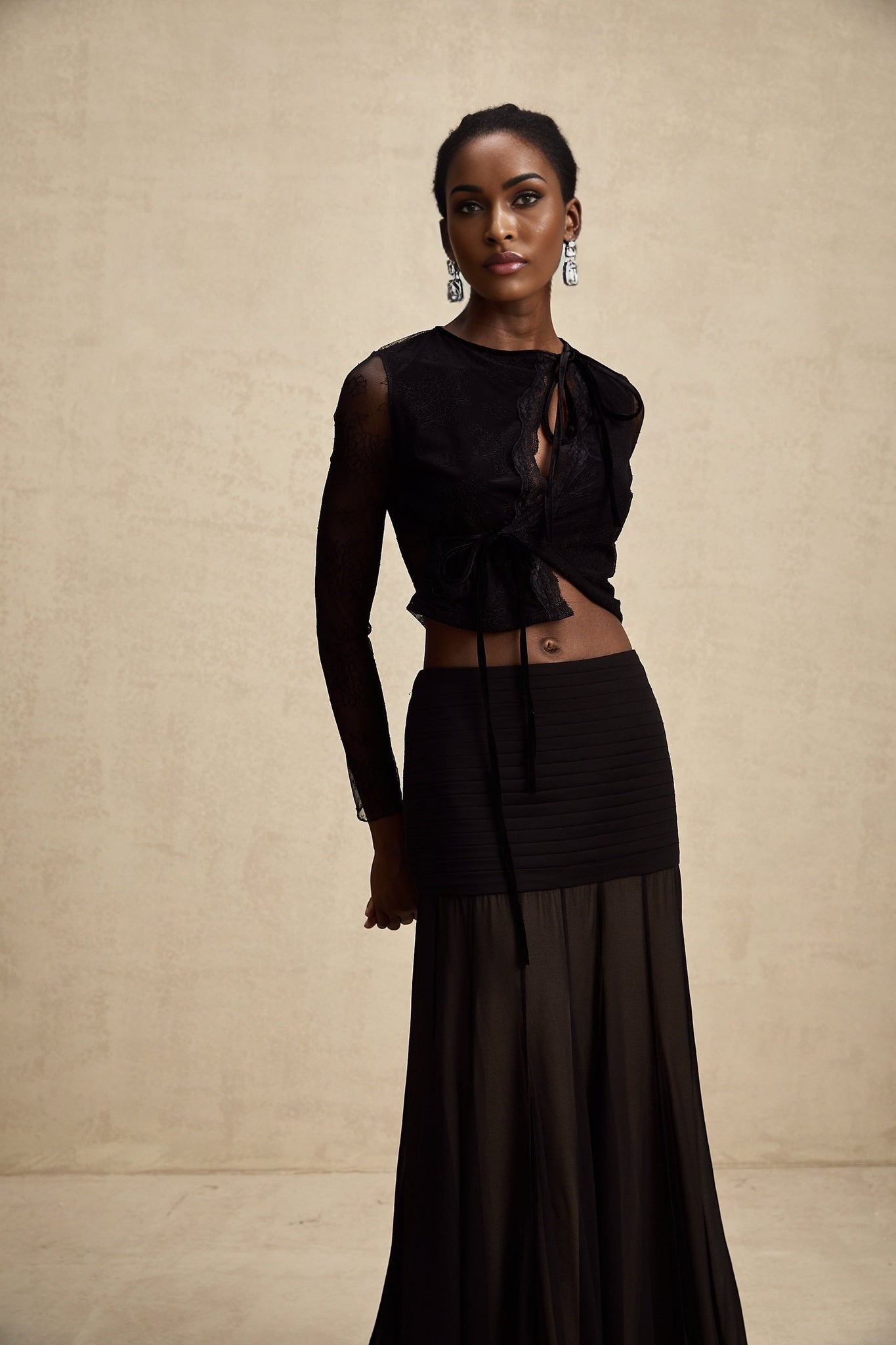 Mariolina Cropped Top Black Lace Trim Sheer Embossed