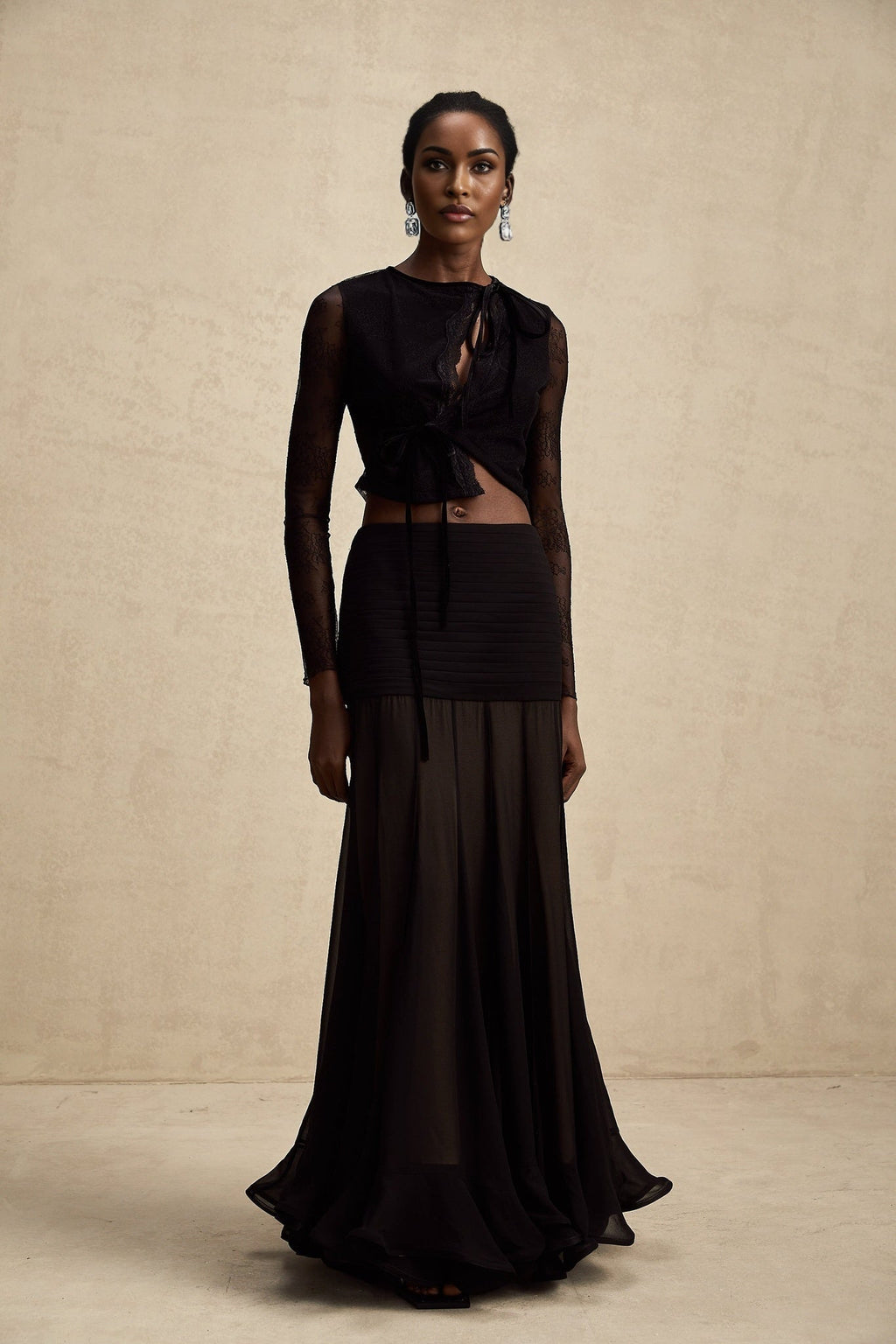 Mariolina Cropped Top Black Lace Trim Sheer Embossed