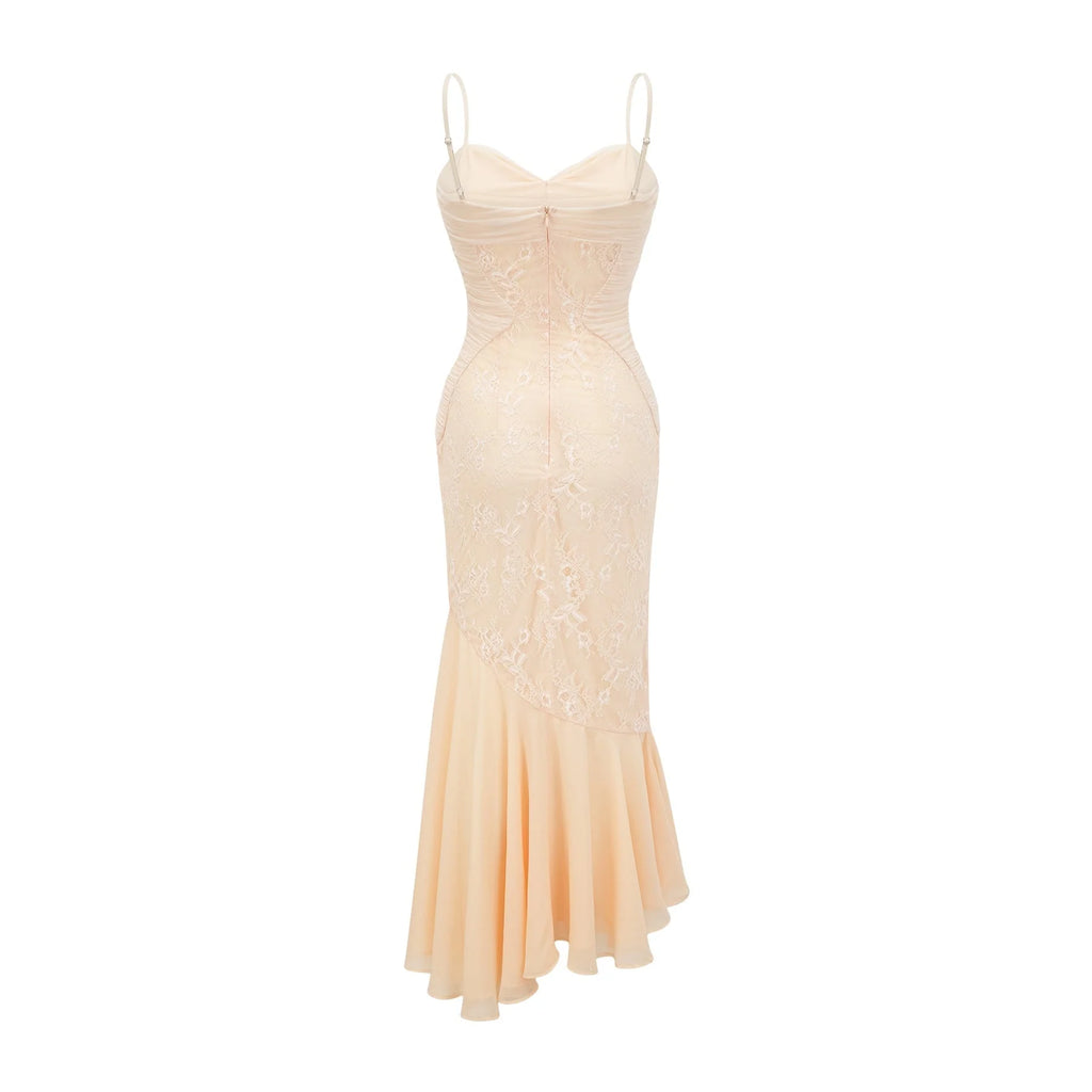 Mariolina Sleeveless Midi Dress with Bustier Style and Lace Detailing