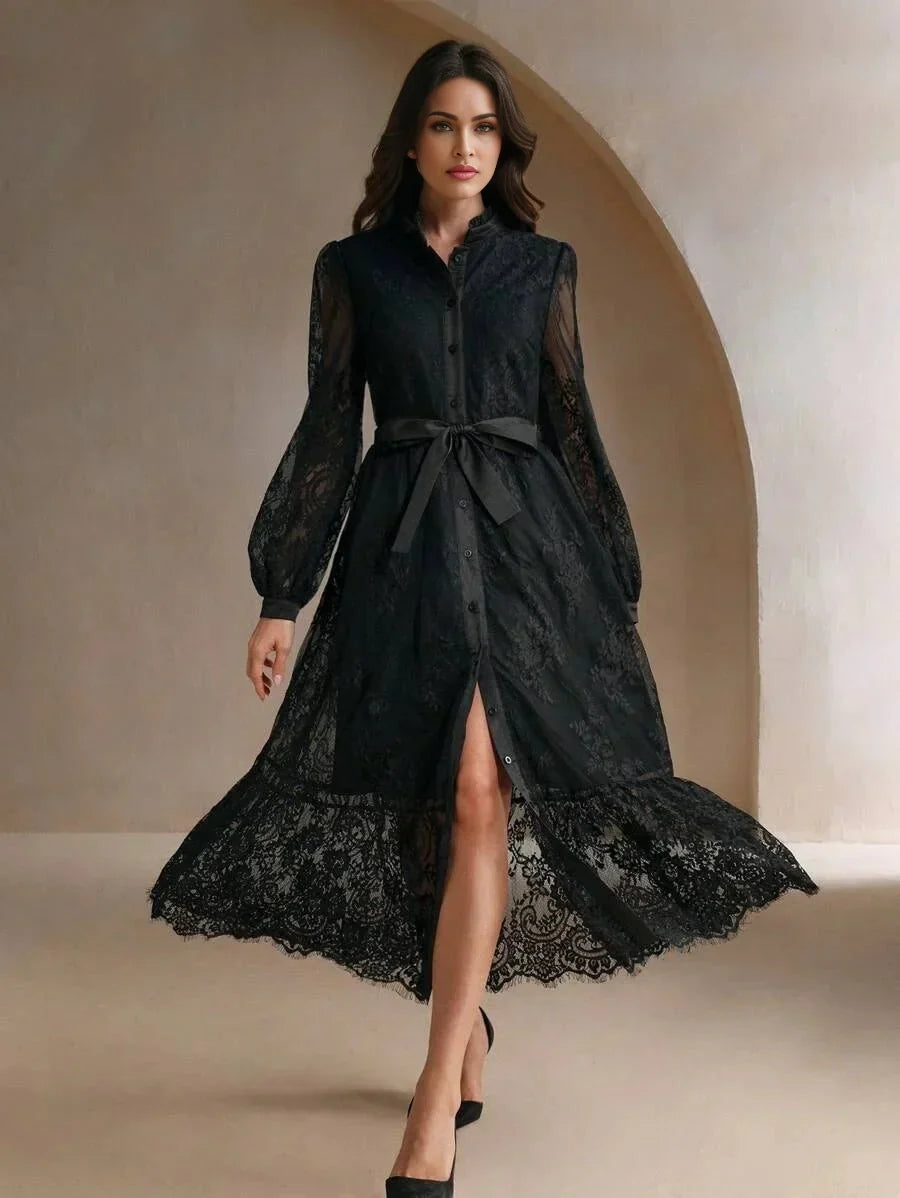Marisa Midi Dress - Bishop Sleeve - High Waist - Elegant - Lace