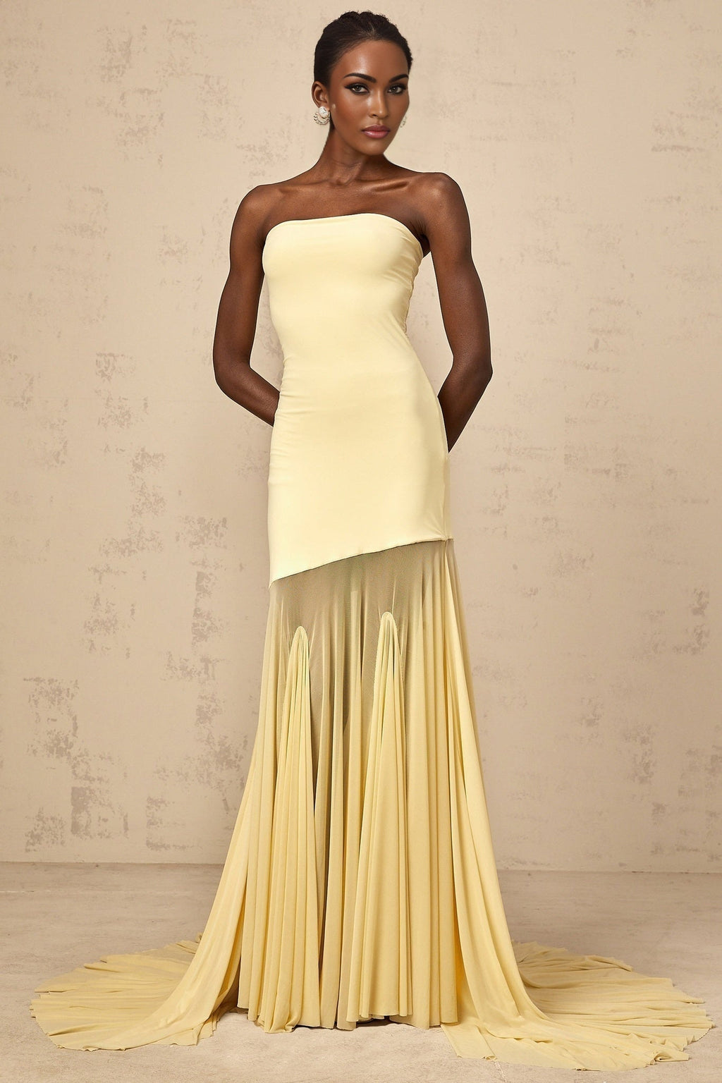 Marisa Sun - Kissed Yellow Maxi Dress with Off - Shoulder Pleated Tulle