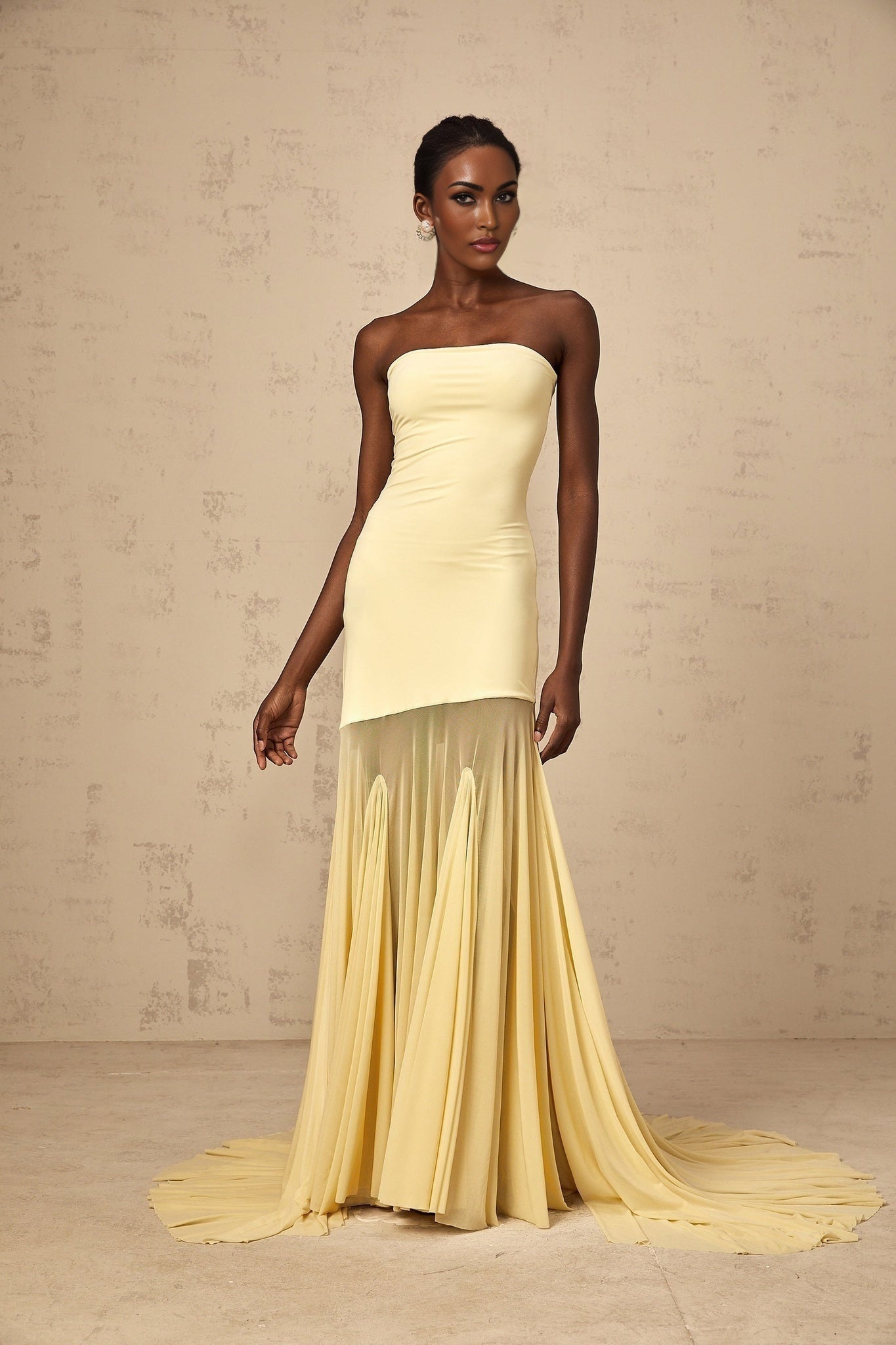 Marisa Sun - Kissed Yellow Maxi Dress with Off - Shoulder Pleated Tulle