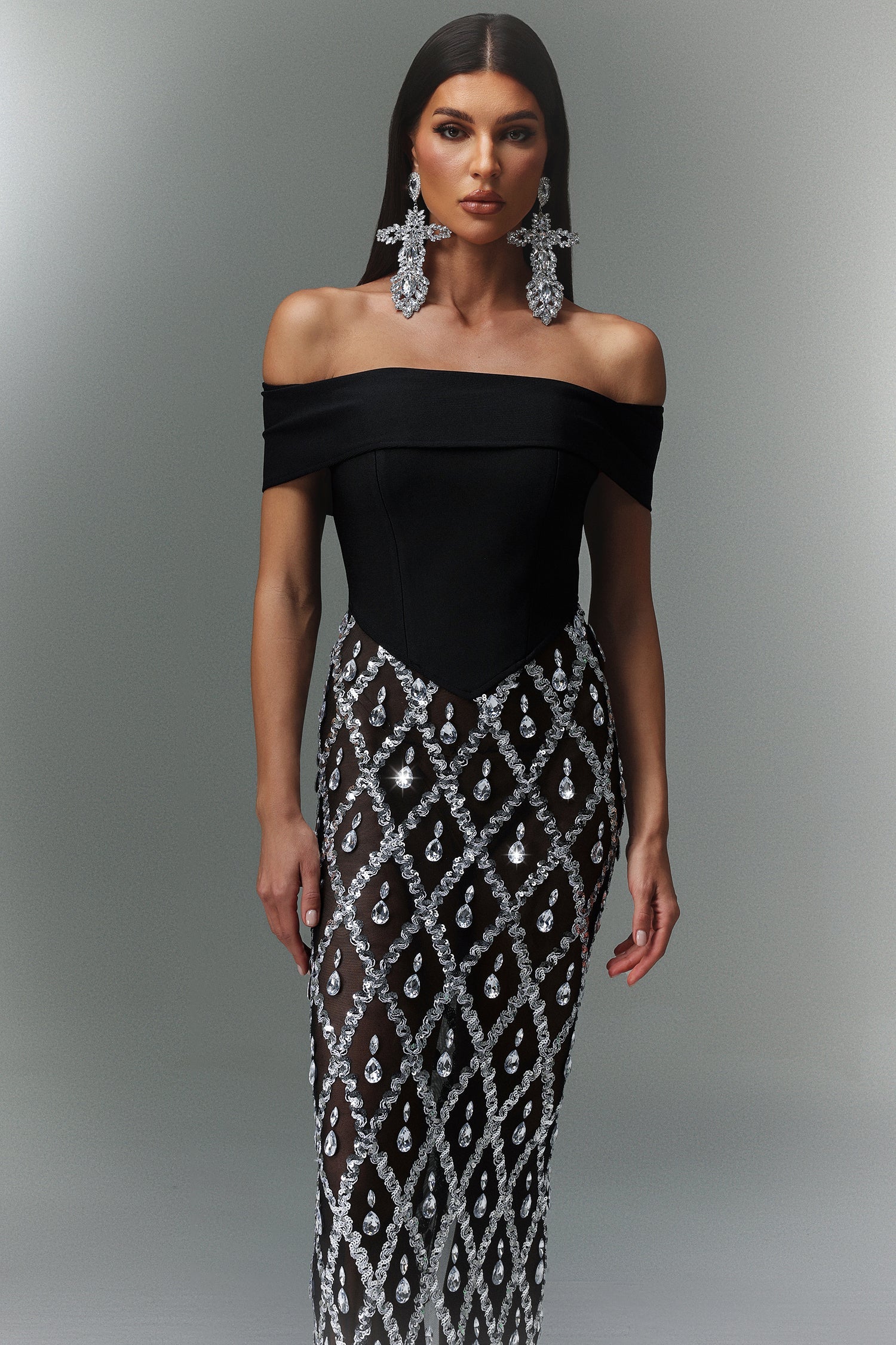 Mariuccia Black Diamond Beaded Maxi Dress