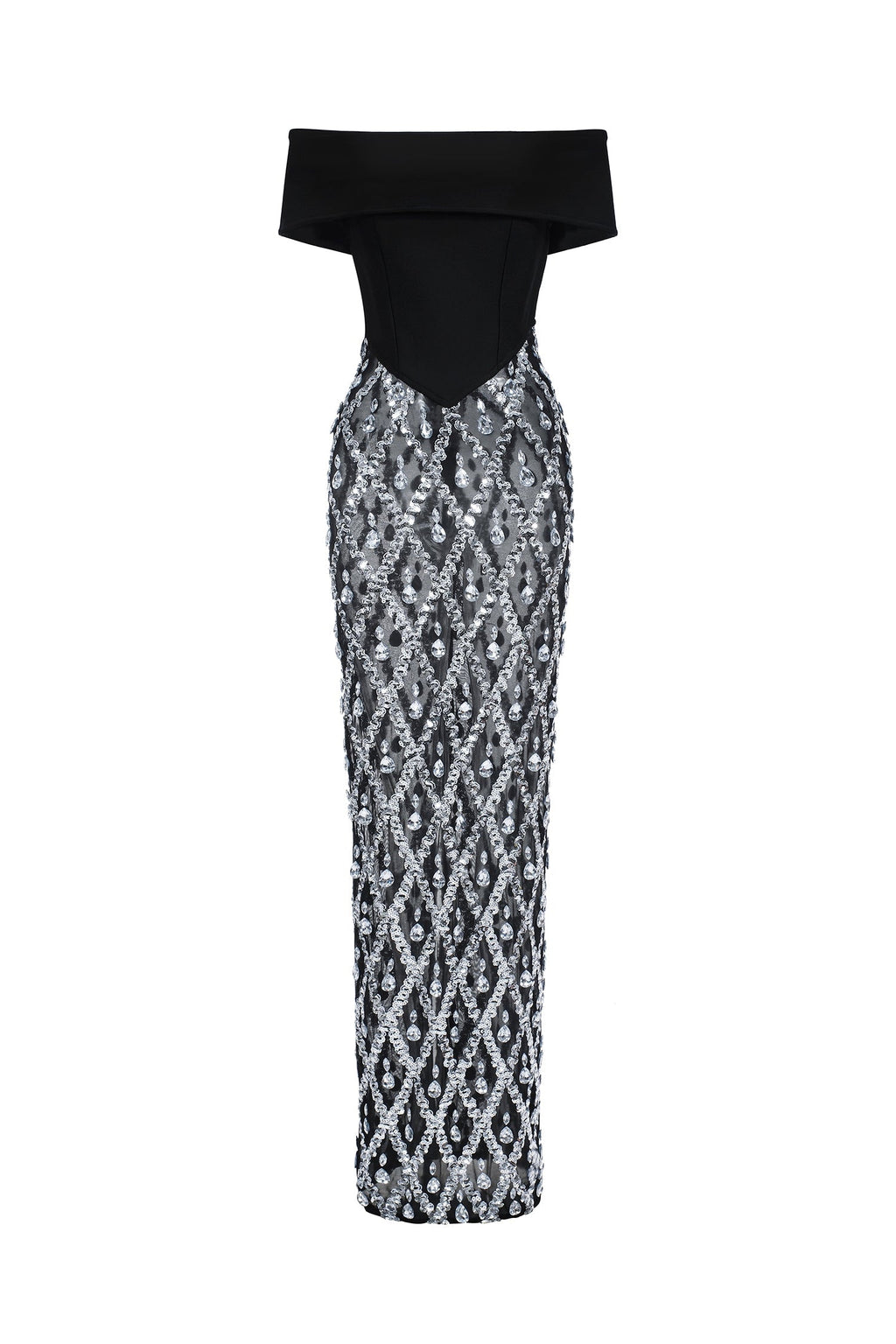 Mariuccia Black Diamond Beaded Off-Shoulder Maxi Dress