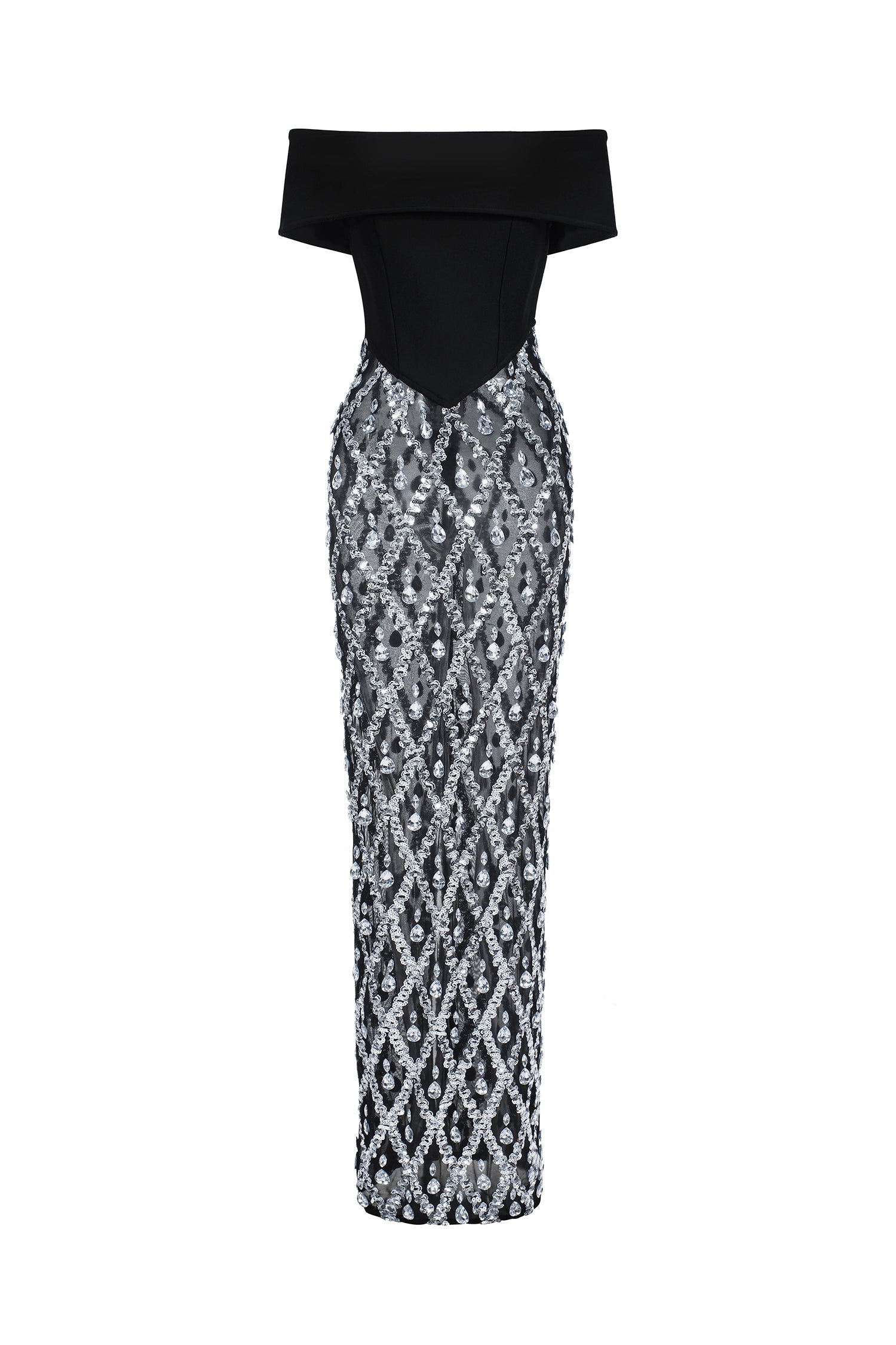 Mariuccia Black Diamond Beaded Off-Shoulder Maxi Dress