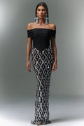 Mariuccia Black Diamond Pattern Beaded Maxi Dress for Gala Events and Formal Dinners