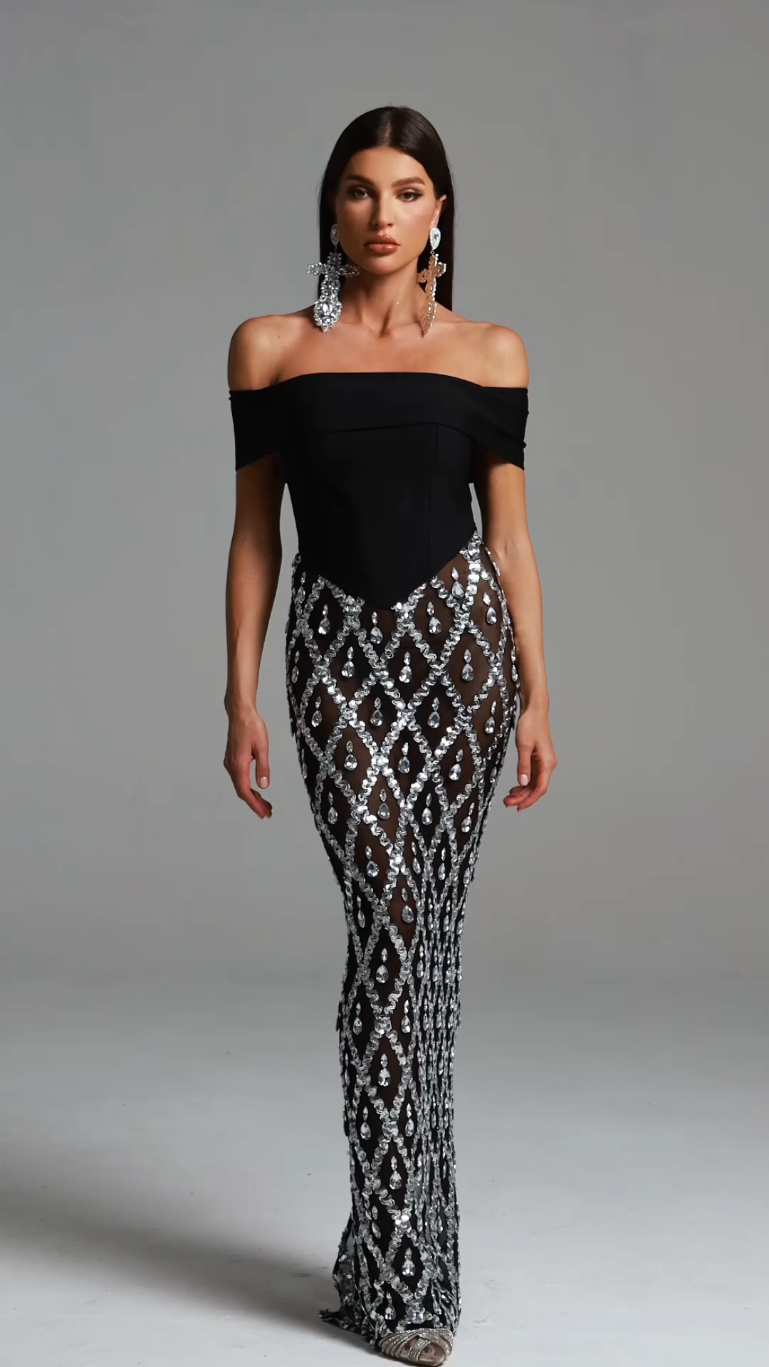 Mariuccia Black Off-Shoulder Beaded Diamond Pattern Maxi Dress