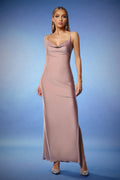 Mariuccia Pink Cowl Neck Backless Side Slit Formal Gala Dress