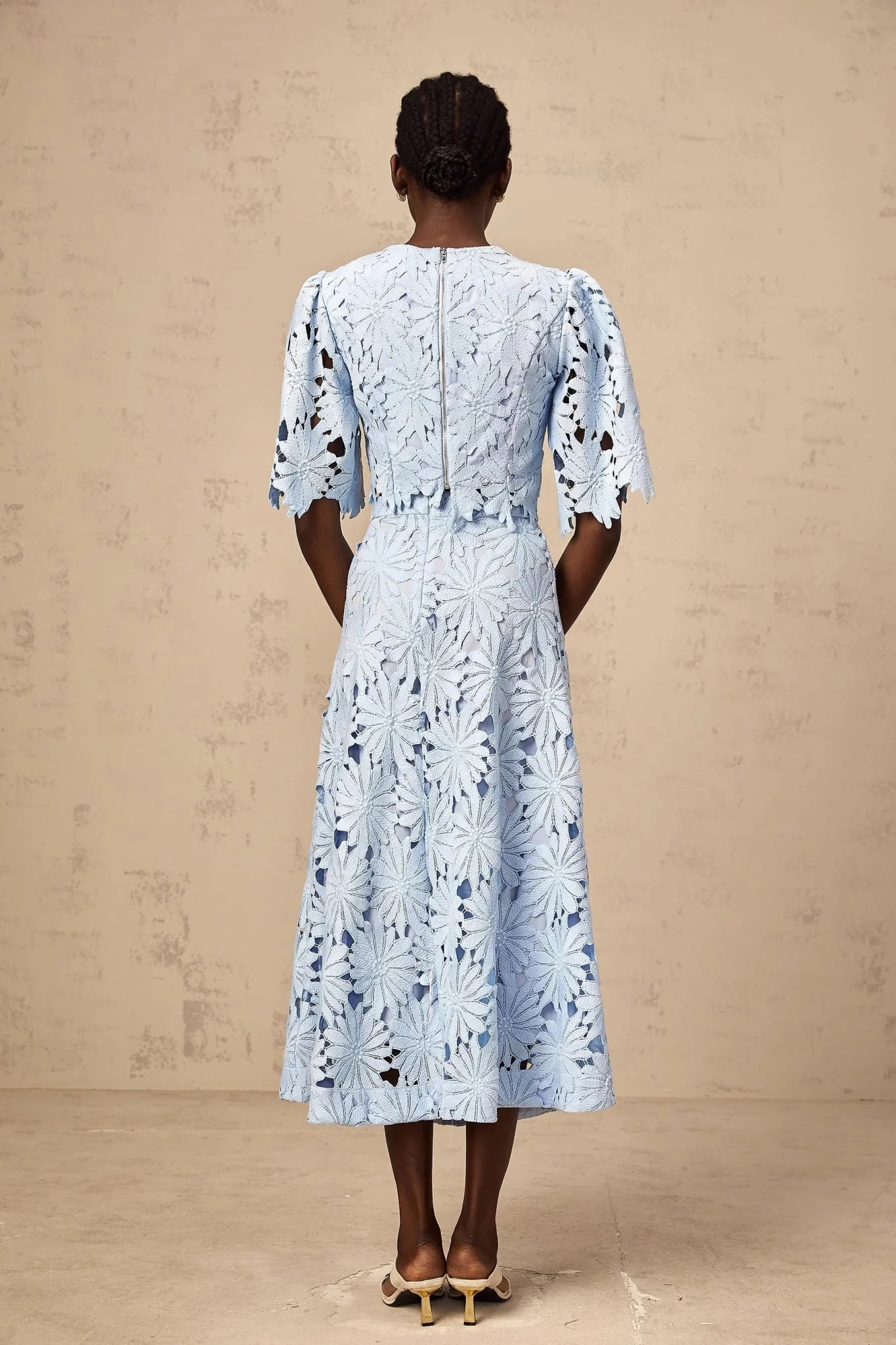 Mariuccia Top & Skirt Set Blue Guipure Lace Floral Cut - Out Scallop Trim Calf - Length