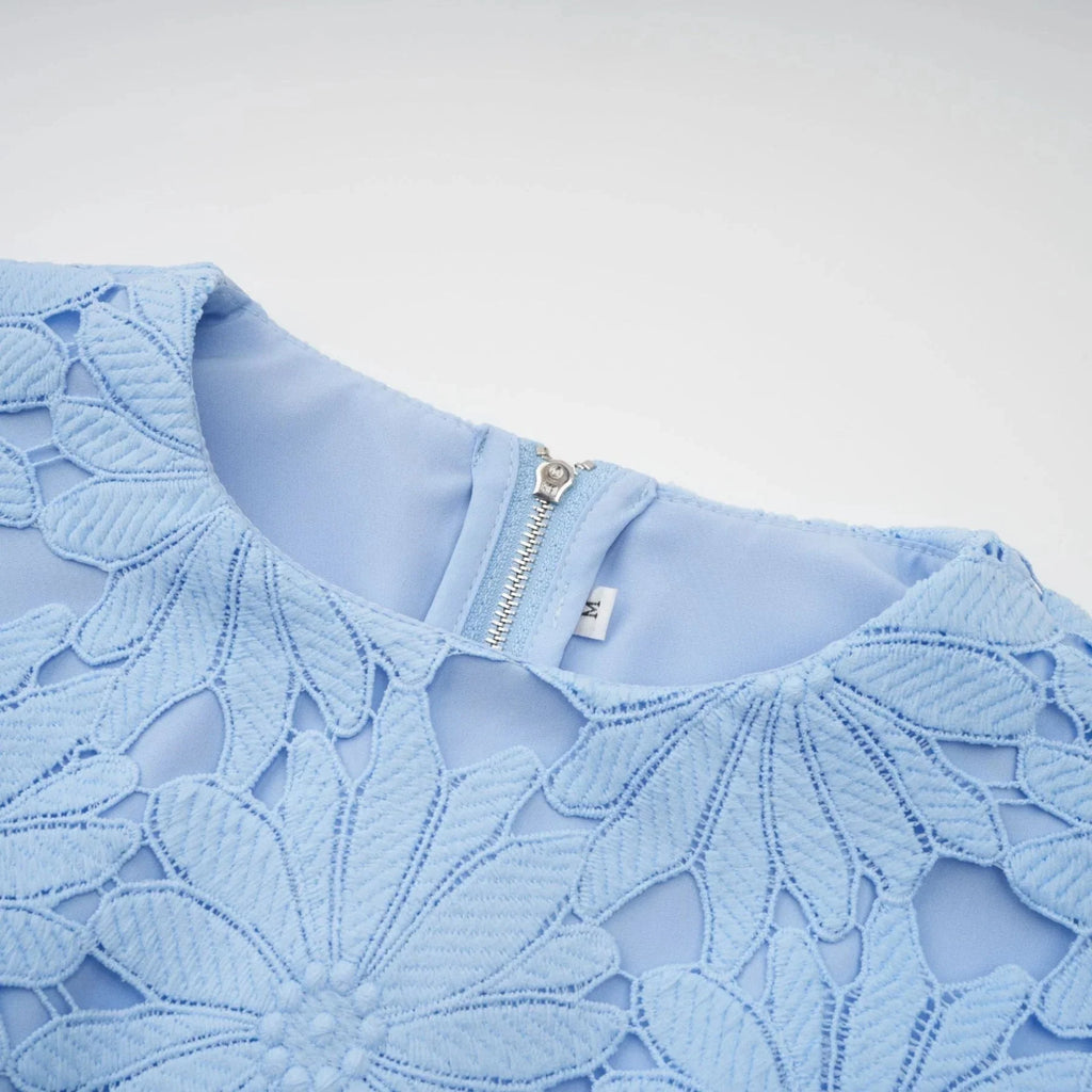 Mariuccia Top & Skirt Set Blue Guipure Lace Floral Cut - Out Scallop Trim Calf - Length