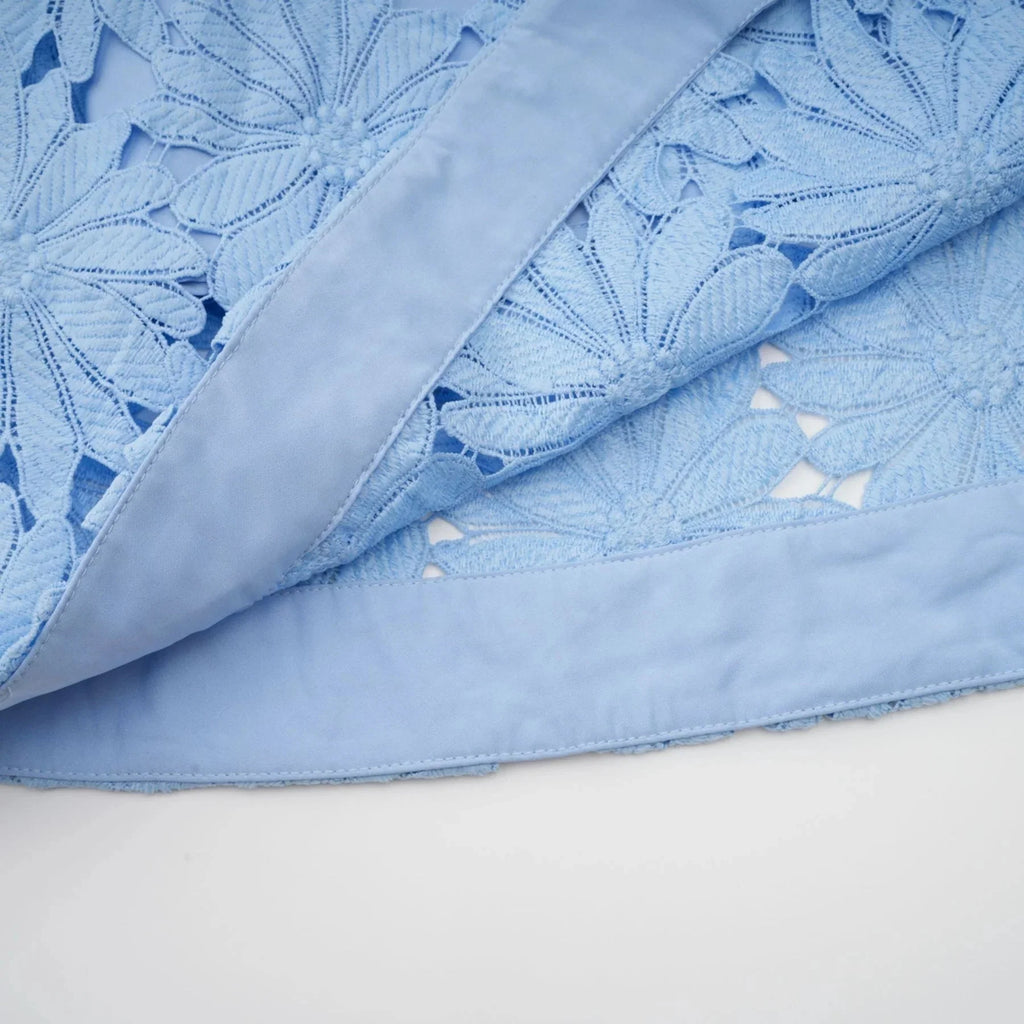 Mariuccia Top & Skirt Set Blue Guipure Lace Floral Cut - Out Scallop Trim Calf - Length
