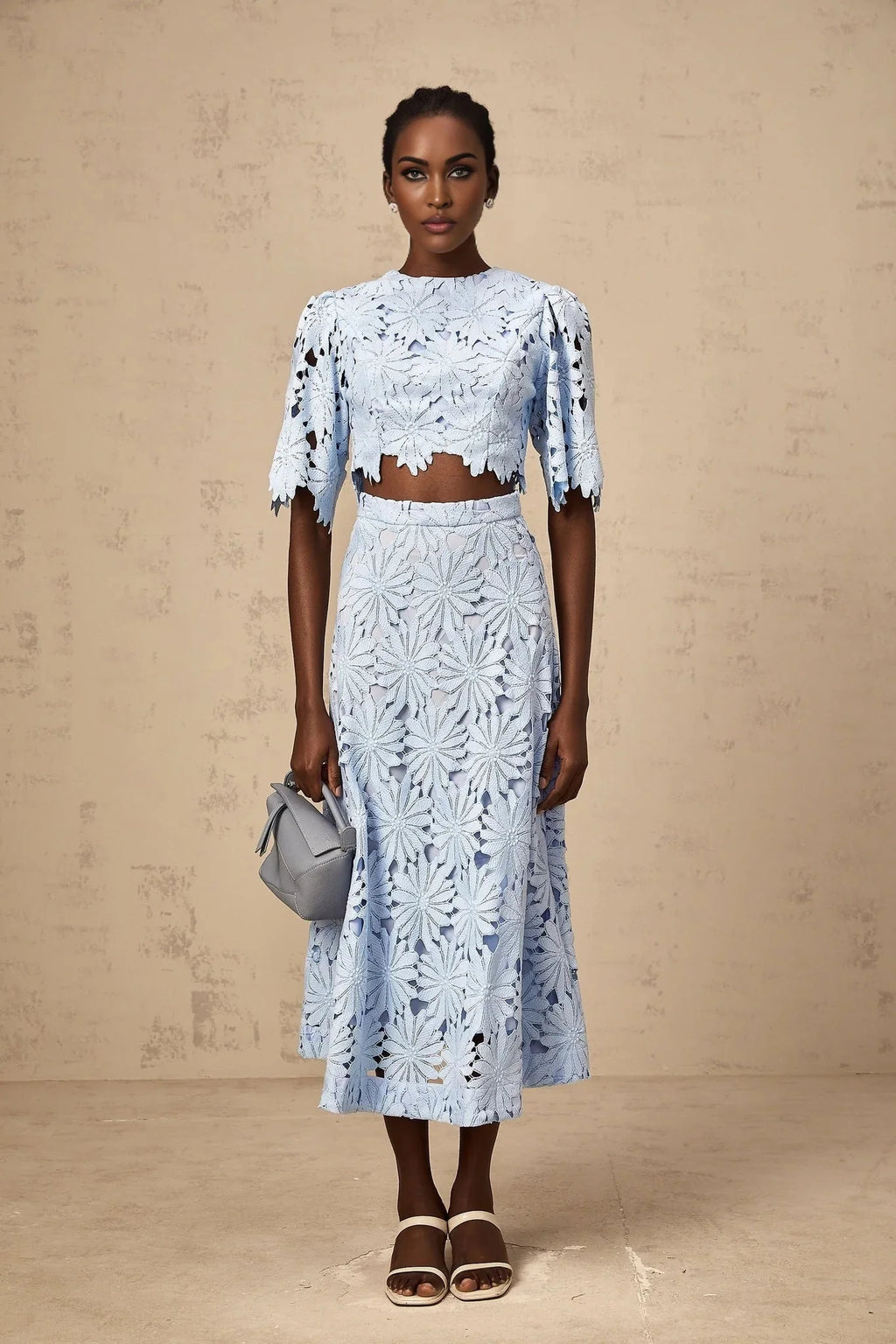 Mariuccia Top & Skirt Set Blue Guipure Lace Floral Cut - Out Scallop Trim Calf - Length
