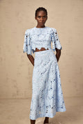 Mariuccia Top & Skirt Set Blue Guipure Lace Floral Cut - Out Scallop Trim Calf - Length