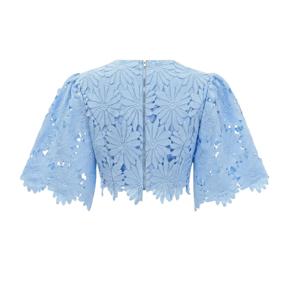 Mariuccia Top & Skirt Set Blue Guipure Lace Floral Cut - Out Scallop Trim Calf - Length