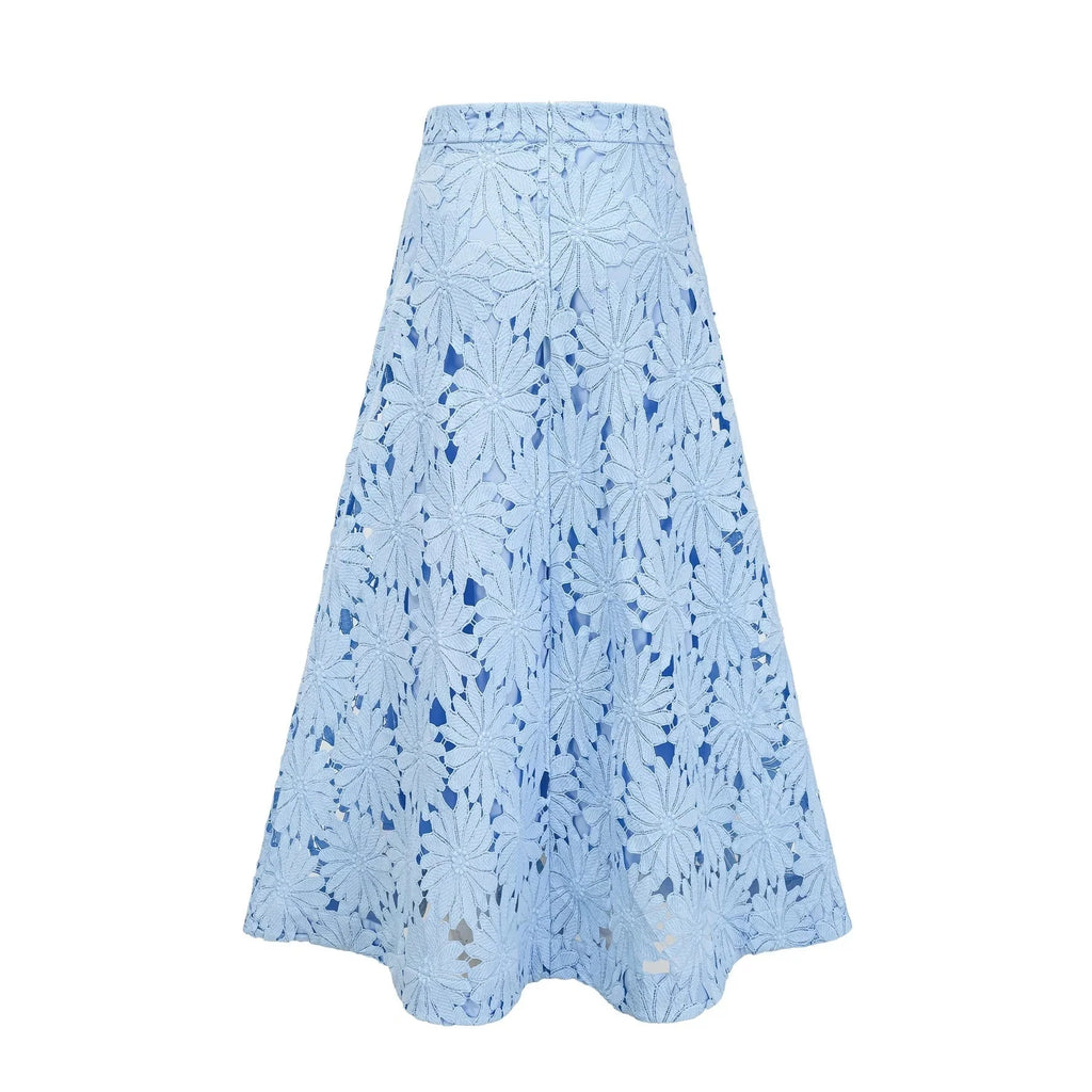 Mariuccia Top & Skirt Set Blue Guipure Lace Floral Cut - Out Scallop Trim Calf - Length