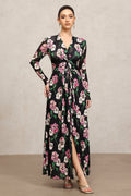 Marley Black Floral Maxi Dress with Long Sleeves and Deep Neckline