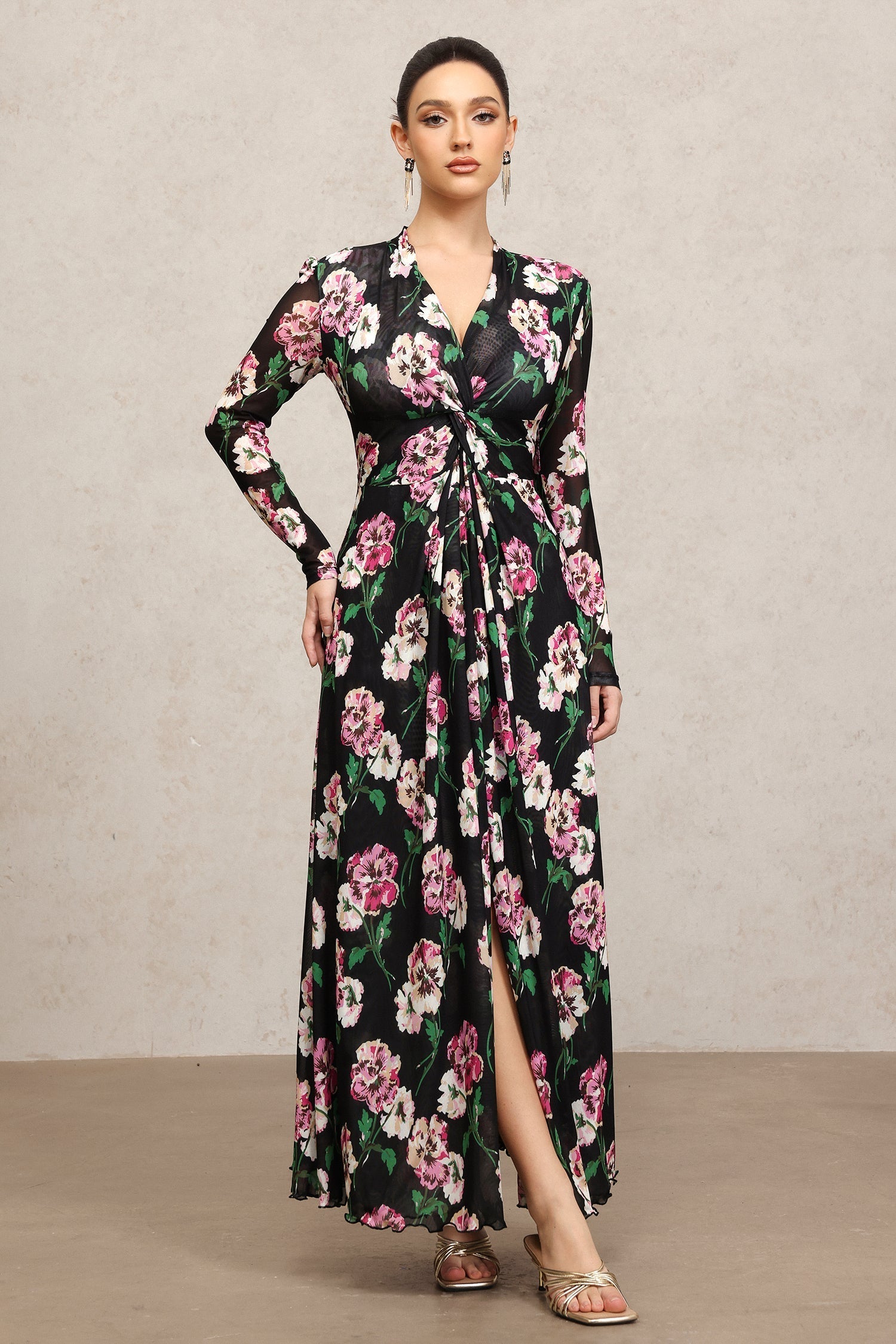 Marley Black Floral Maxi Dress with Long Sleeves and Deep Neckline