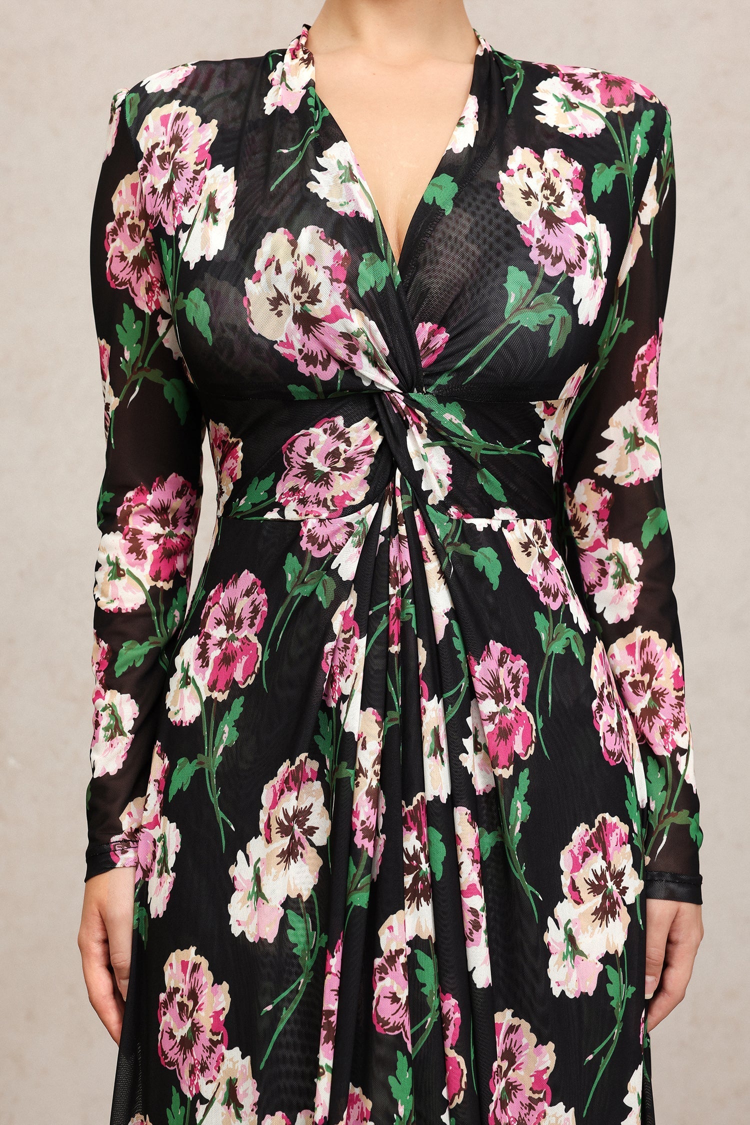 Marley Black Floral Maxi Dress Long Sleeve Deep Neckline Lightweight Fabric Slit Detailing