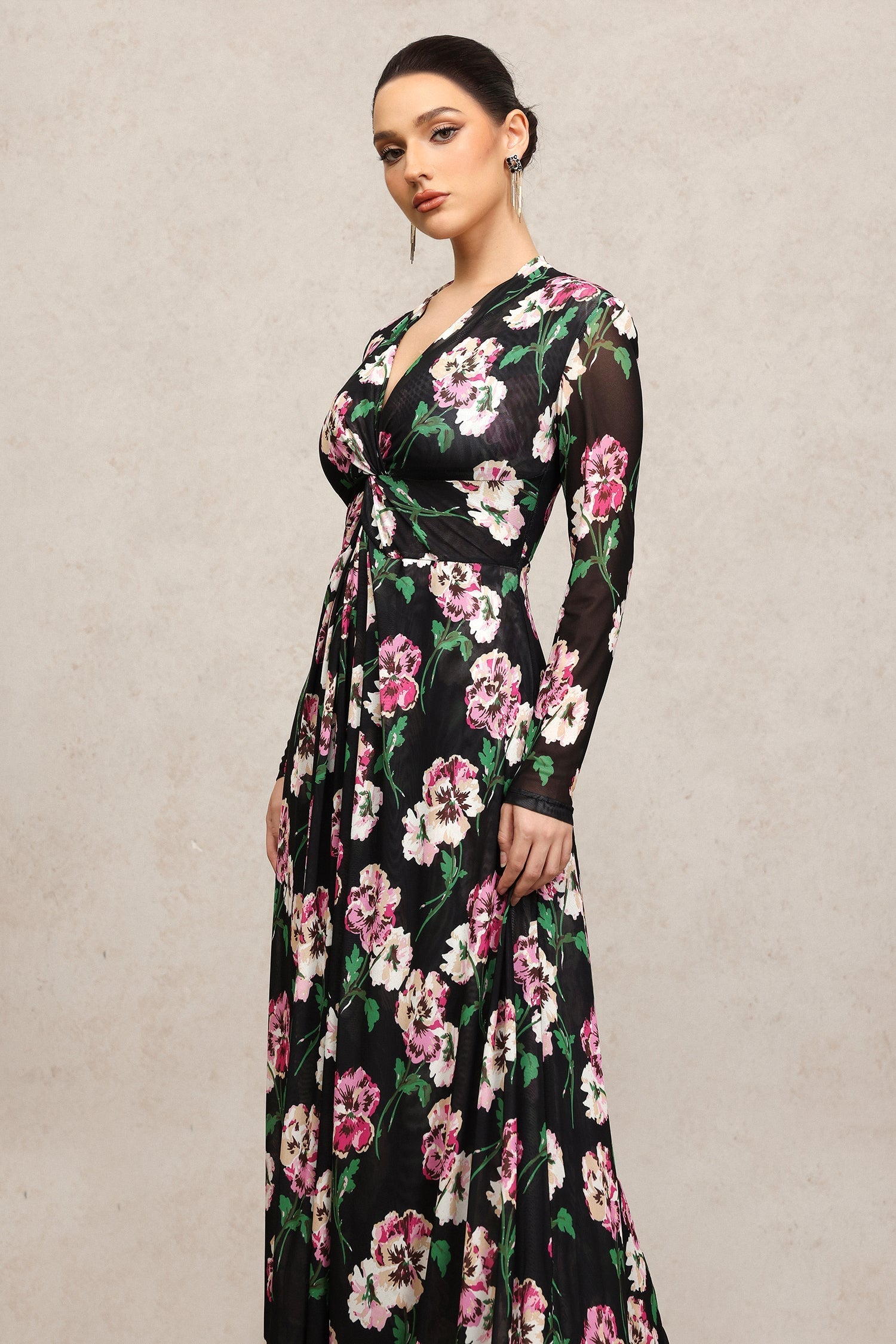Marley Black Floral Print Maxi Dress with Long Sleeves and Deep Neckline