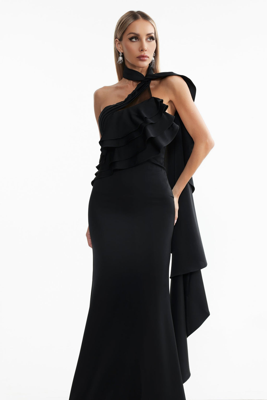 Marley Black Halter Flounce Detail Dress for Special Occasions