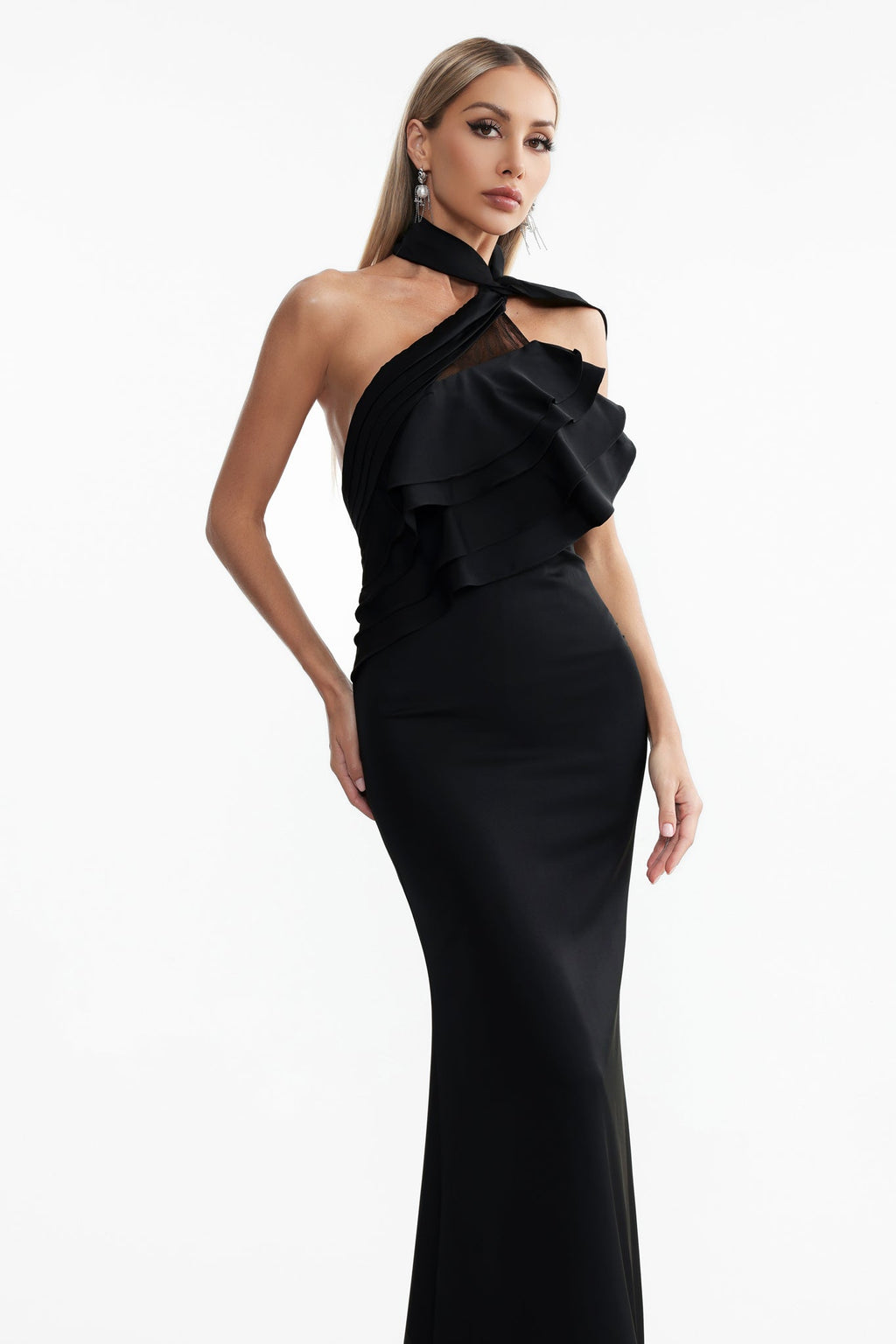 Marley Black Halter Flounce Detail Fitted Dress for Special Occasions