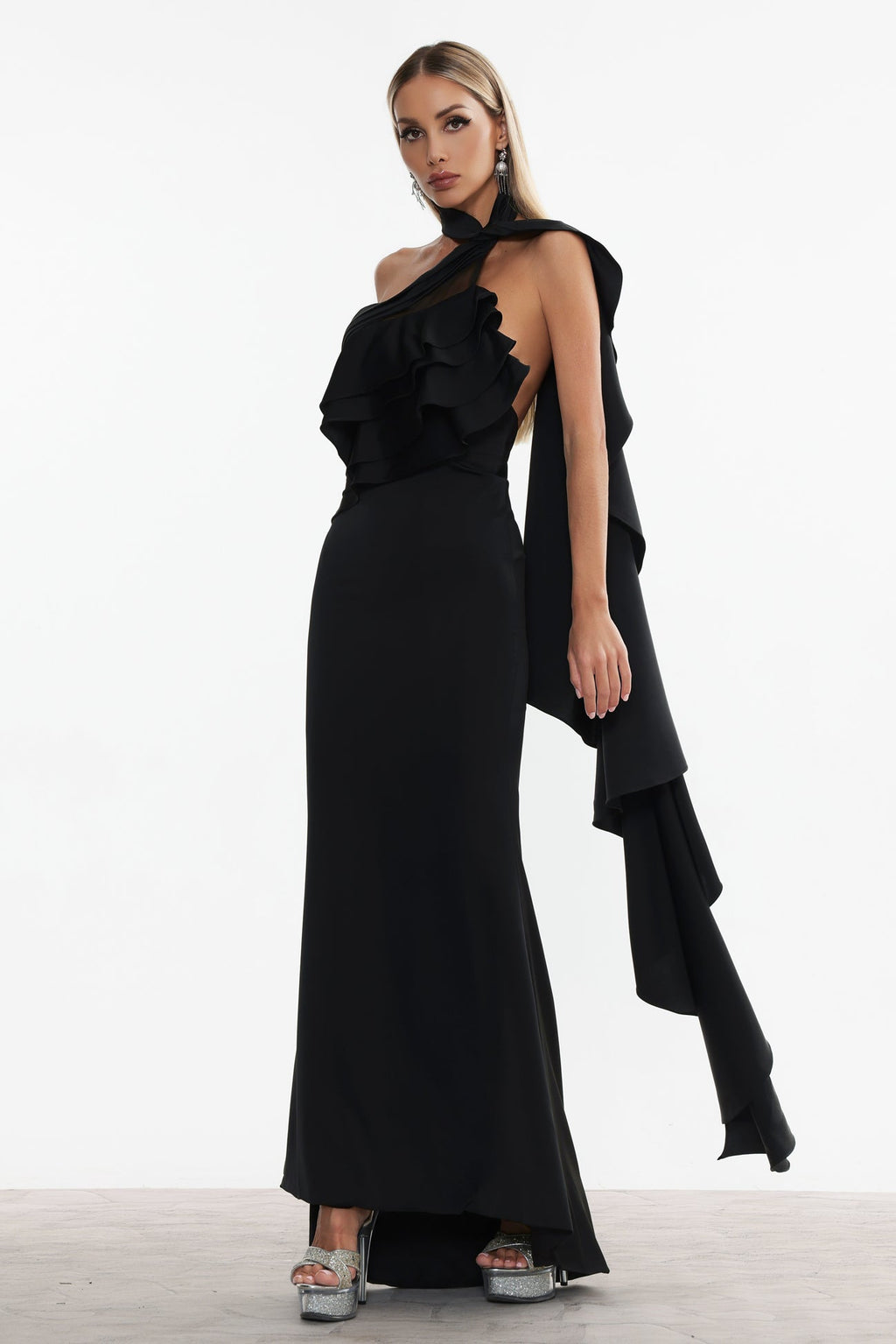 Marley Black Halter Neck Flounce Detail Dress for Formal Events and Weddings